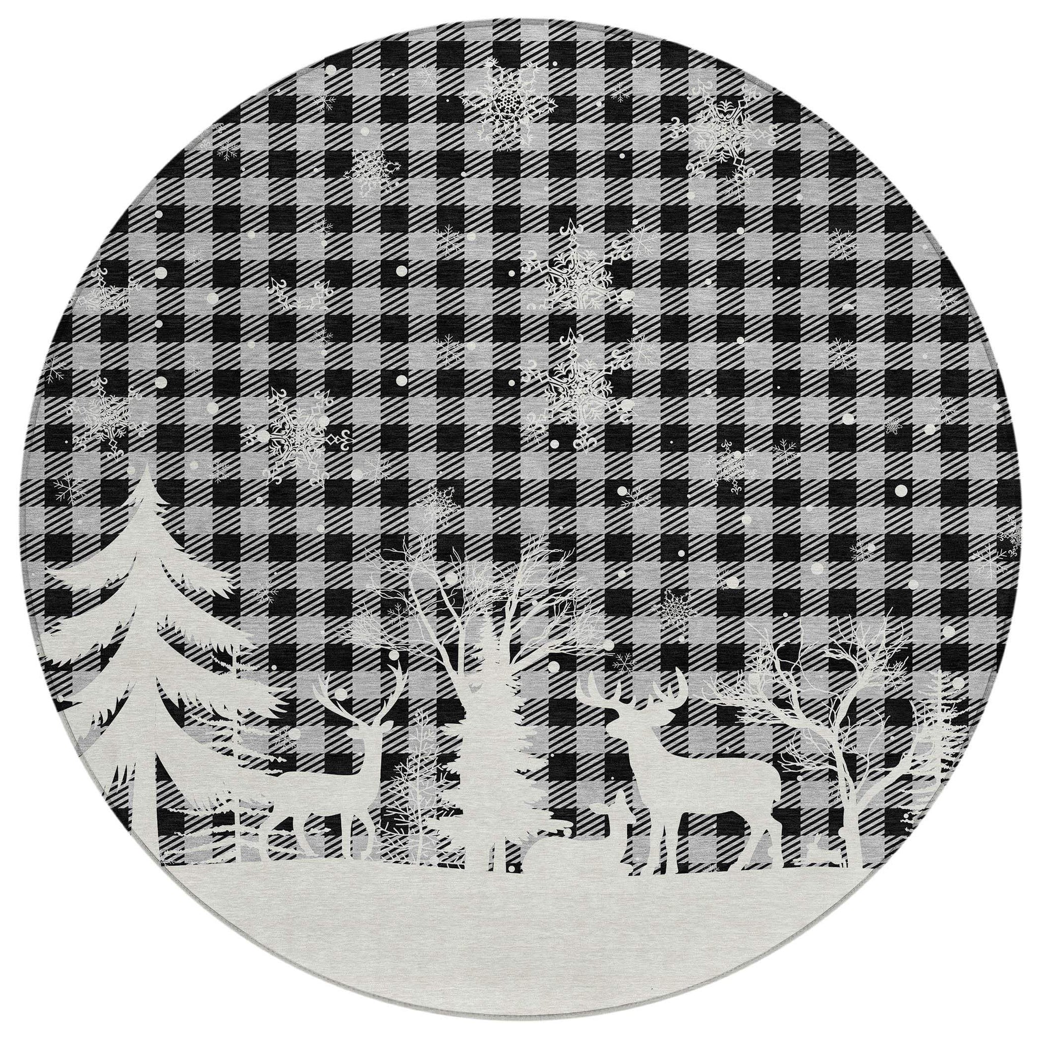 8' Gray Black And Ivory Round Plaid Washable Indoor Outdoor Area Rug - Homeroots - Flyclothing LLC