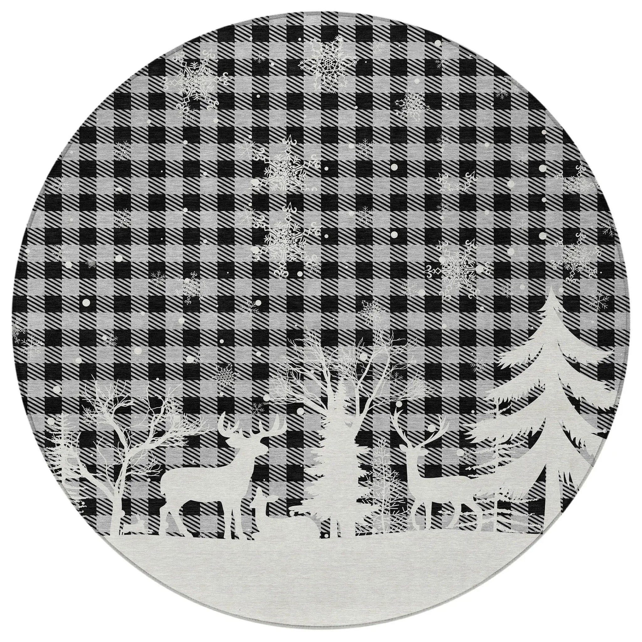 8' Gray Black And Ivory Round Plaid Washable Indoor Outdoor Area Rug - Homeroots - Flyclothing LLC