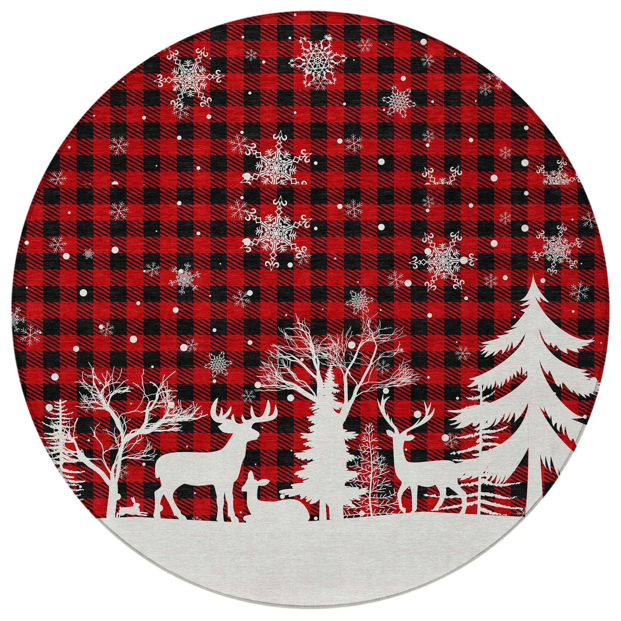 8' Red Black And Ivory Round Plaid Washable Indoor Outdoor Area Rug - Homeroots - Flyclothing LLC