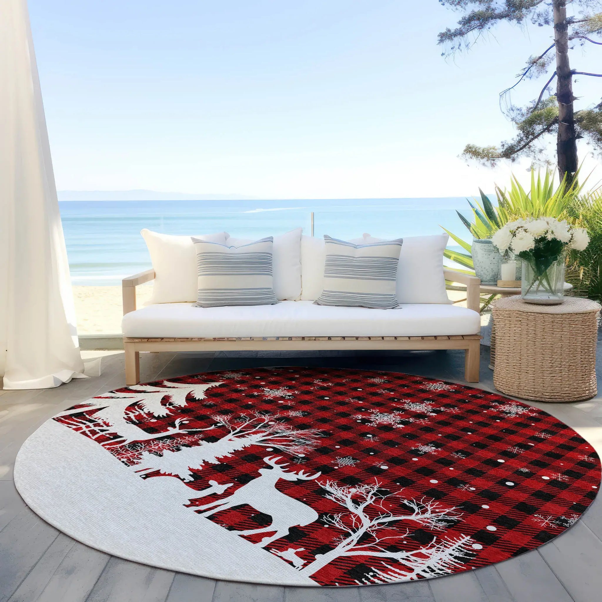 8' Red Black And Ivory Round Plaid Washable Indoor Outdoor Area Rug - Homeroots - Flyclothing LLC