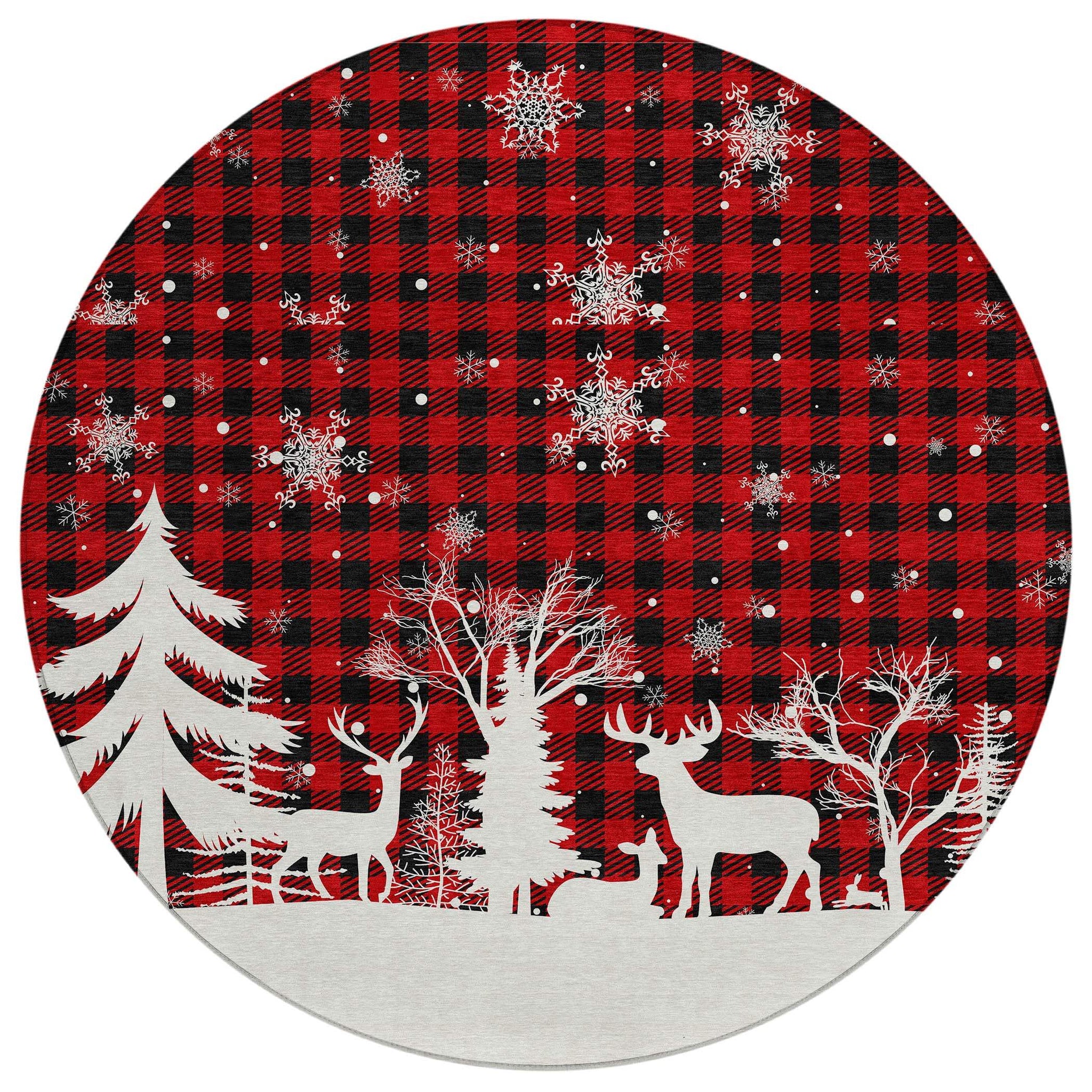 8' Red Black And Ivory Round Plaid Washable Indoor Outdoor Area Rug - Homeroots - Flyclothing LLC