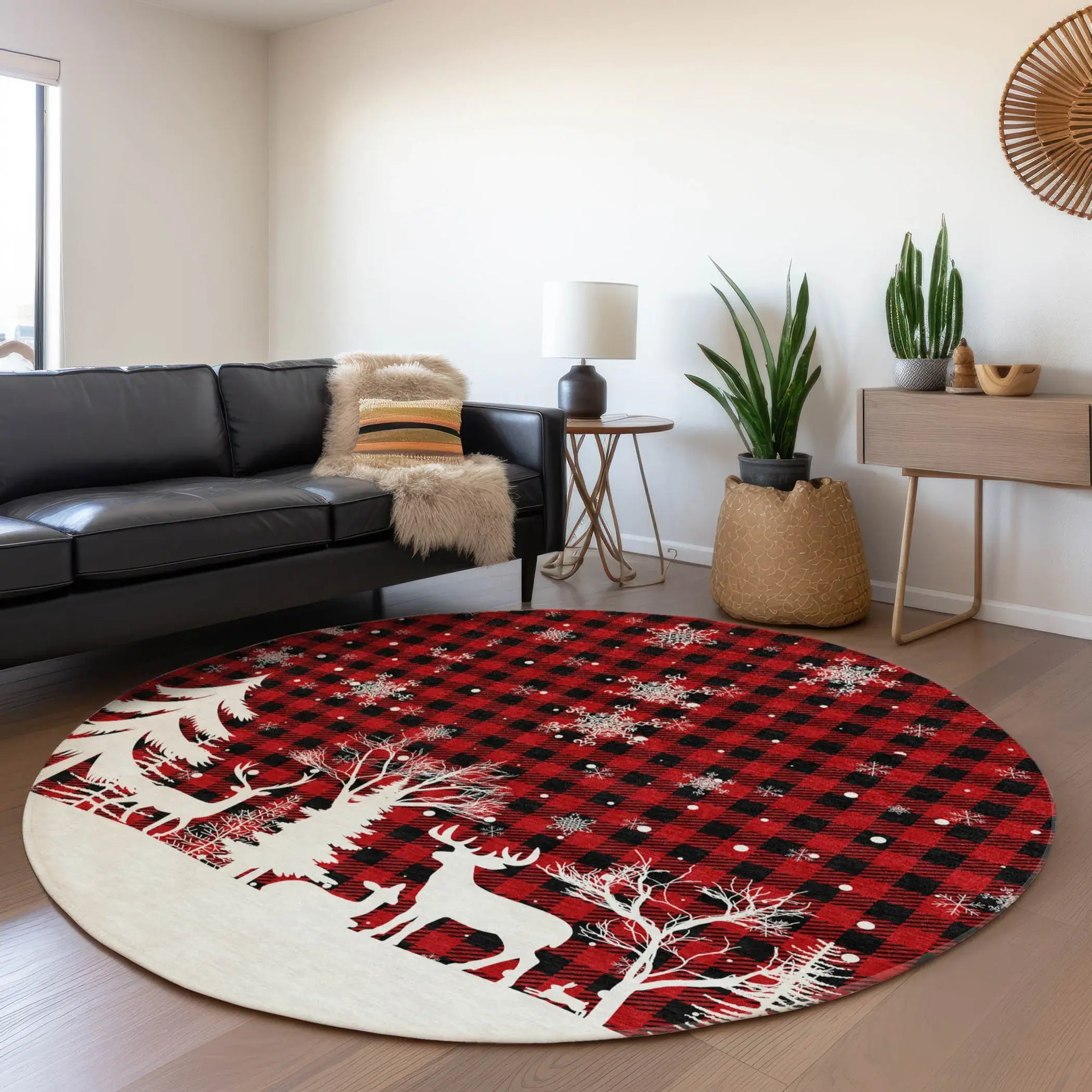 8' Red Black And Ivory Round Plaid Washable Indoor Outdoor Area Rug - Homeroots - Flyclothing LLC