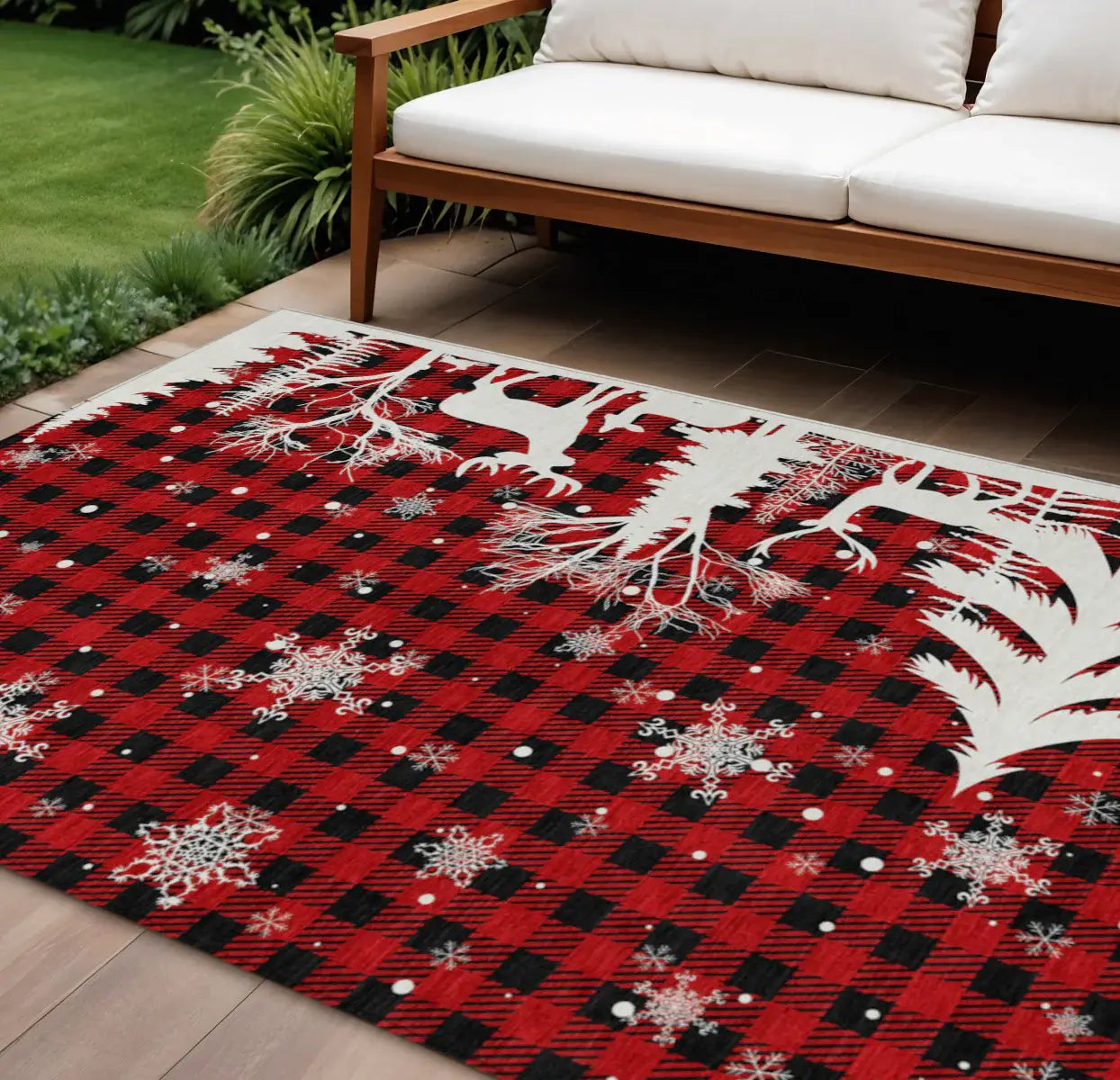 9' X 12' Red Black And Ivory Plaid Washable Indoor Outdoor Area Rug - Homeroots - Flyclothing LLC