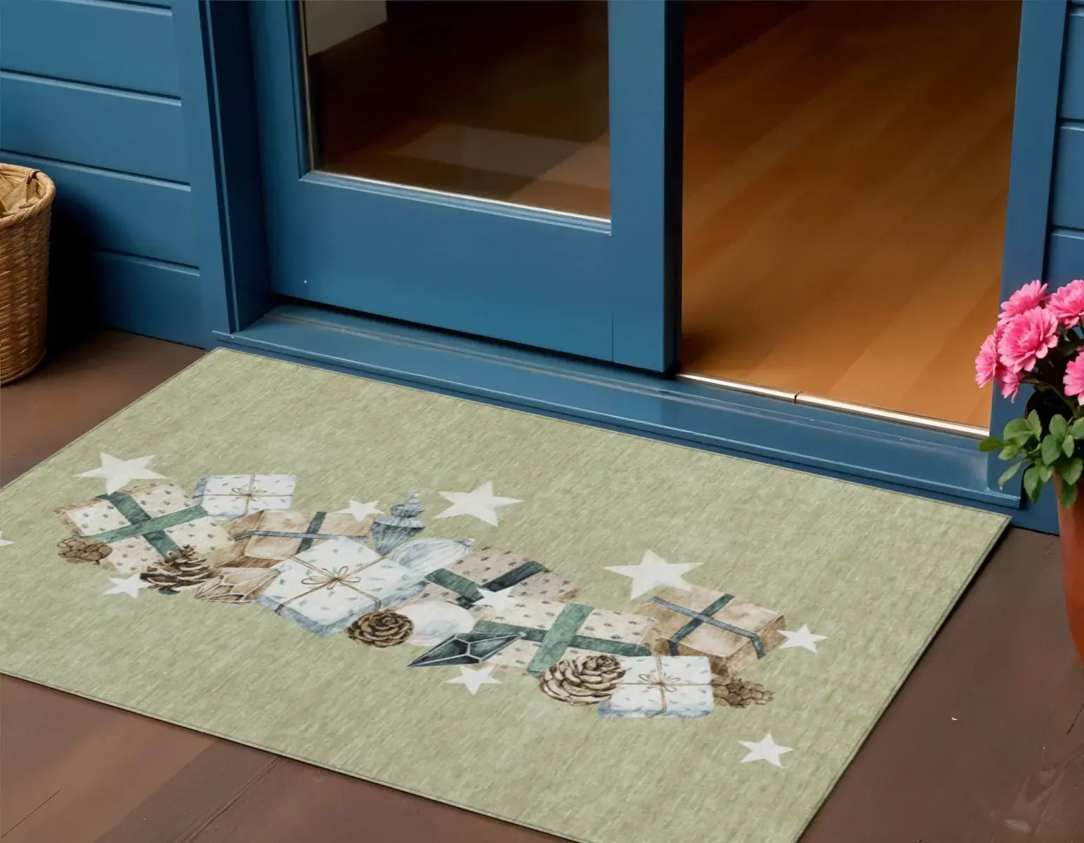 3' X 5' Artichoke Green Beige Ivory And Taupe Presents Washable Indoor Outdoor Area Rug - Homeroots - Flyclothing LLC