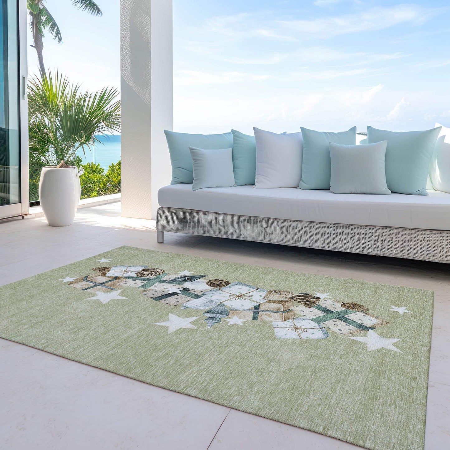 3' X 5' Artichoke Green Beige Ivory And Taupe Presents Washable Indoor Outdoor Area Rug - Homeroots - Flyclothing LLC