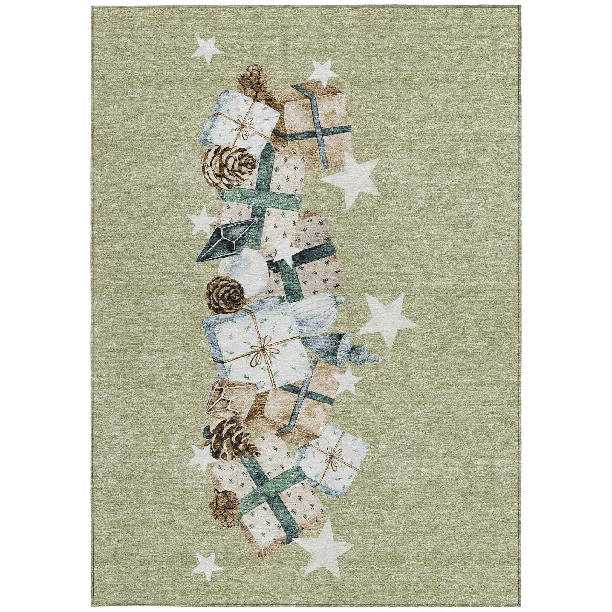 5' X 8' Artichoke Green Beige Ivory And Taupe Presents Washable Indoor Outdoor Area Rug - Homeroots - Flyclothing LLC