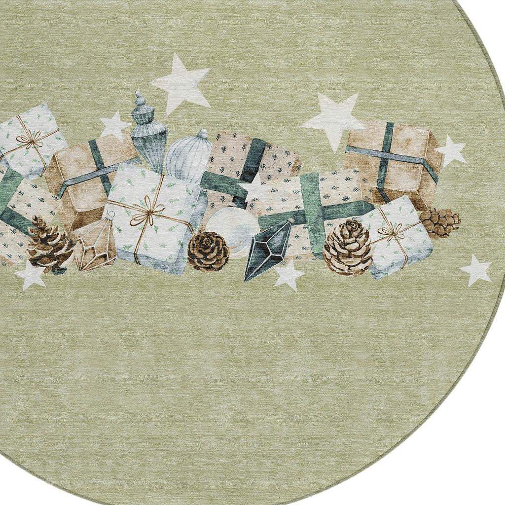 8' Artichoke Green Beige Ivory And Taupe Round Presents Washable Indoor Outdoor Area Rug - Homeroots - Flyclothing LLC