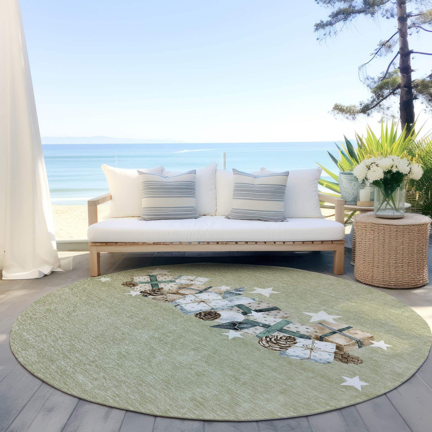 8' Artichoke Green Beige Ivory And Taupe Round Presents Washable Indoor Outdoor Area Rug - Homeroots - Flyclothing LLC