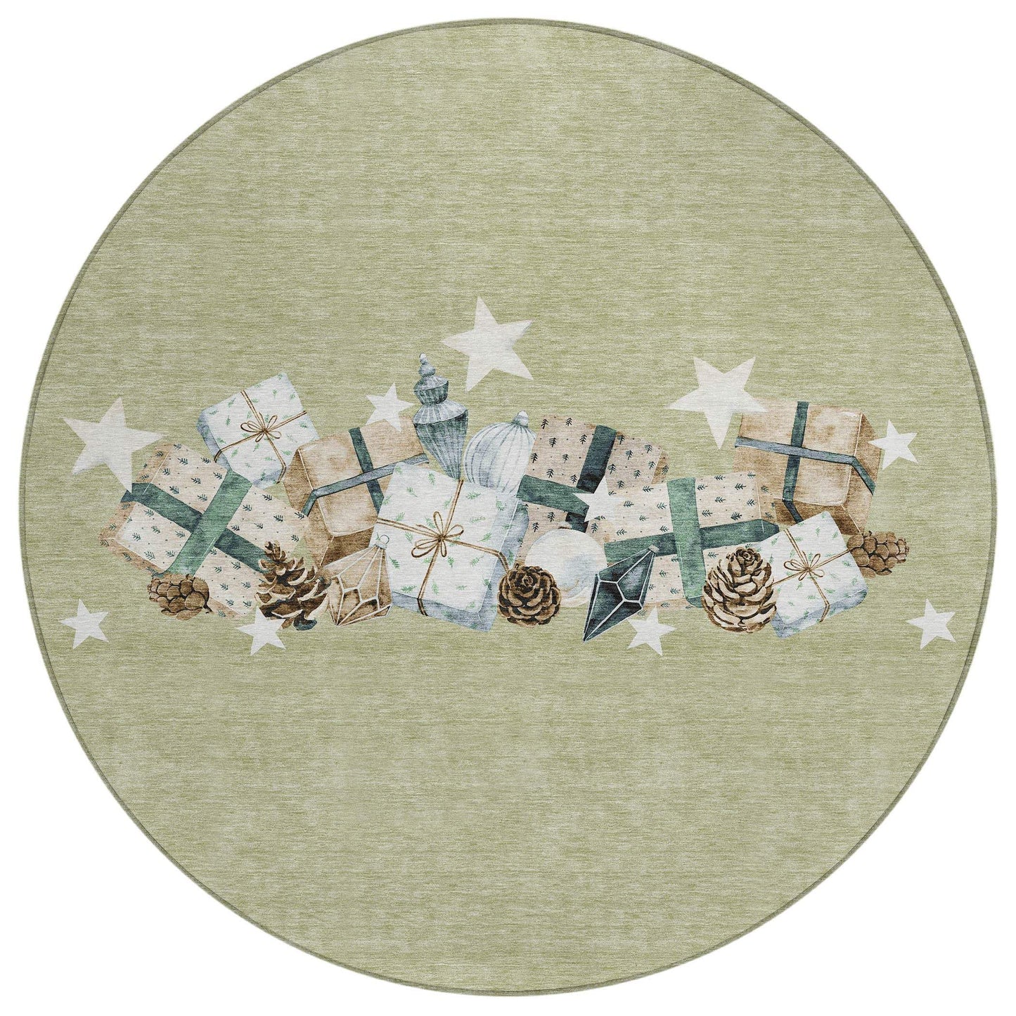 8' Artichoke Green Beige Ivory And Taupe Round Presents Washable Indoor Outdoor Area Rug - Homeroots - Flyclothing LLC