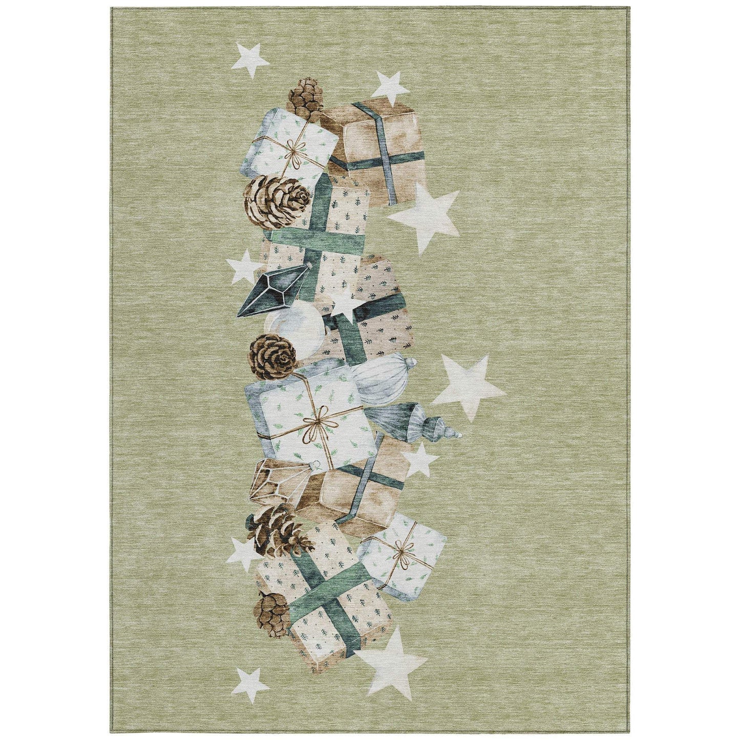 8' X 10' Artichoke Green Beige Ivory And Taupe Presents Washable Indoor Outdoor Area Rug - Homeroots - Flyclothing LLC