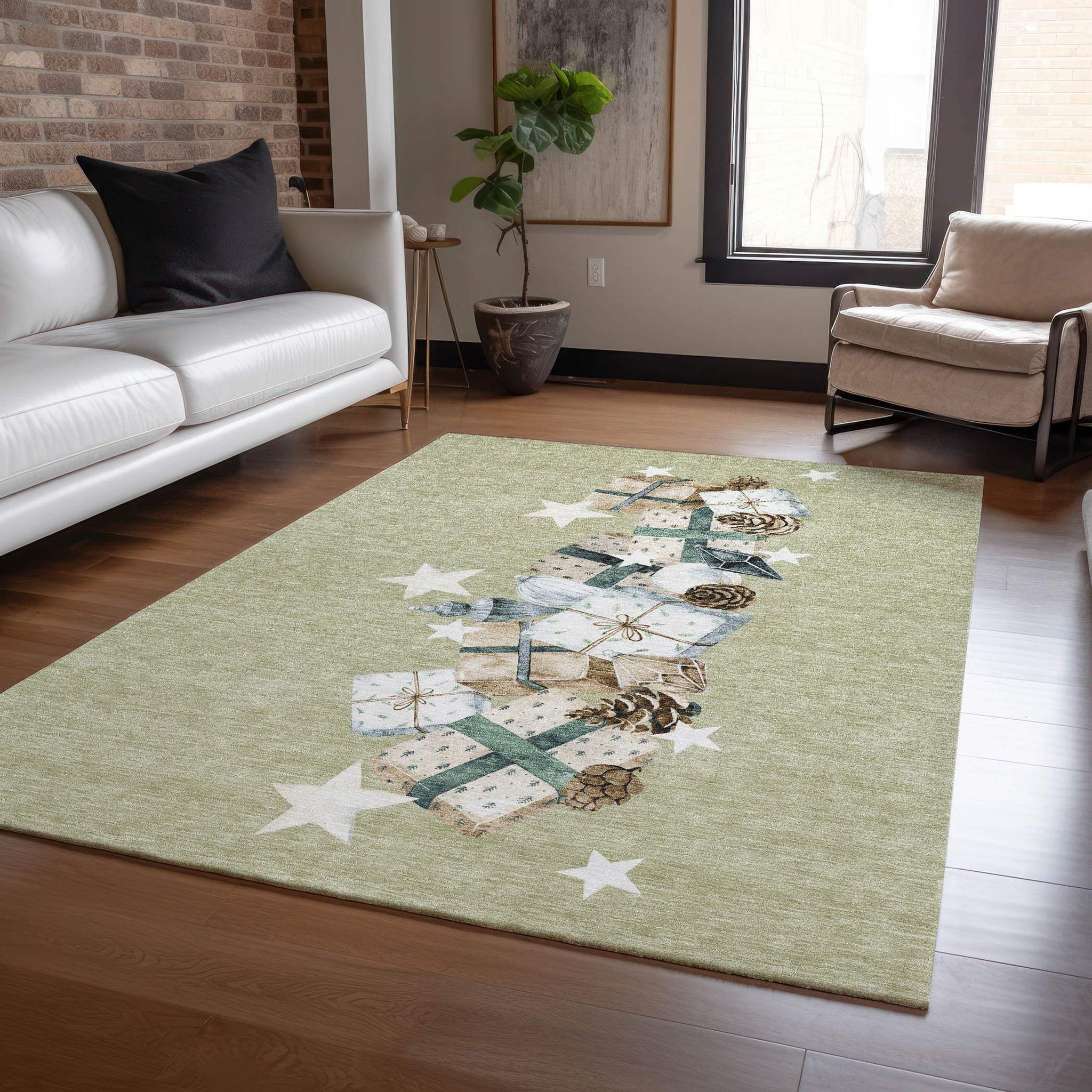 8' X 10' Artichoke Green Beige Ivory And Taupe Presents Washable Indoor Outdoor Area Rug - Homeroots - Flyclothing LLC