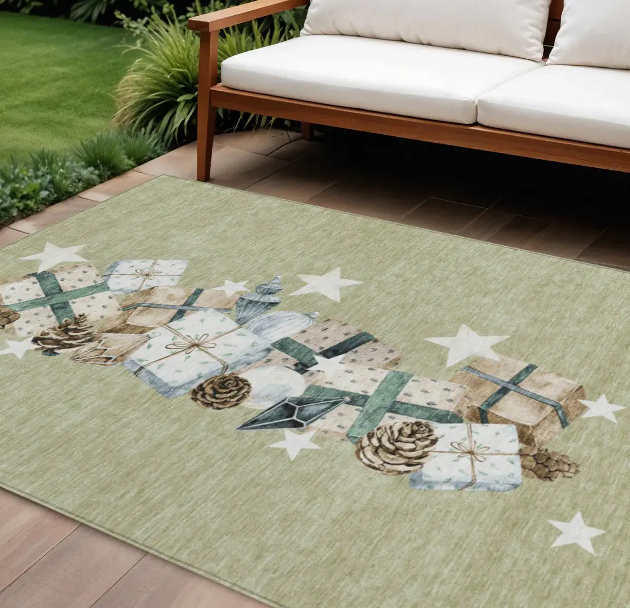 9' X 12' Artichoke Green Beige Ivory And Taupe Presents Washable Indoor Outdoor Area Rug - Homeroots - Flyclothing LLC
