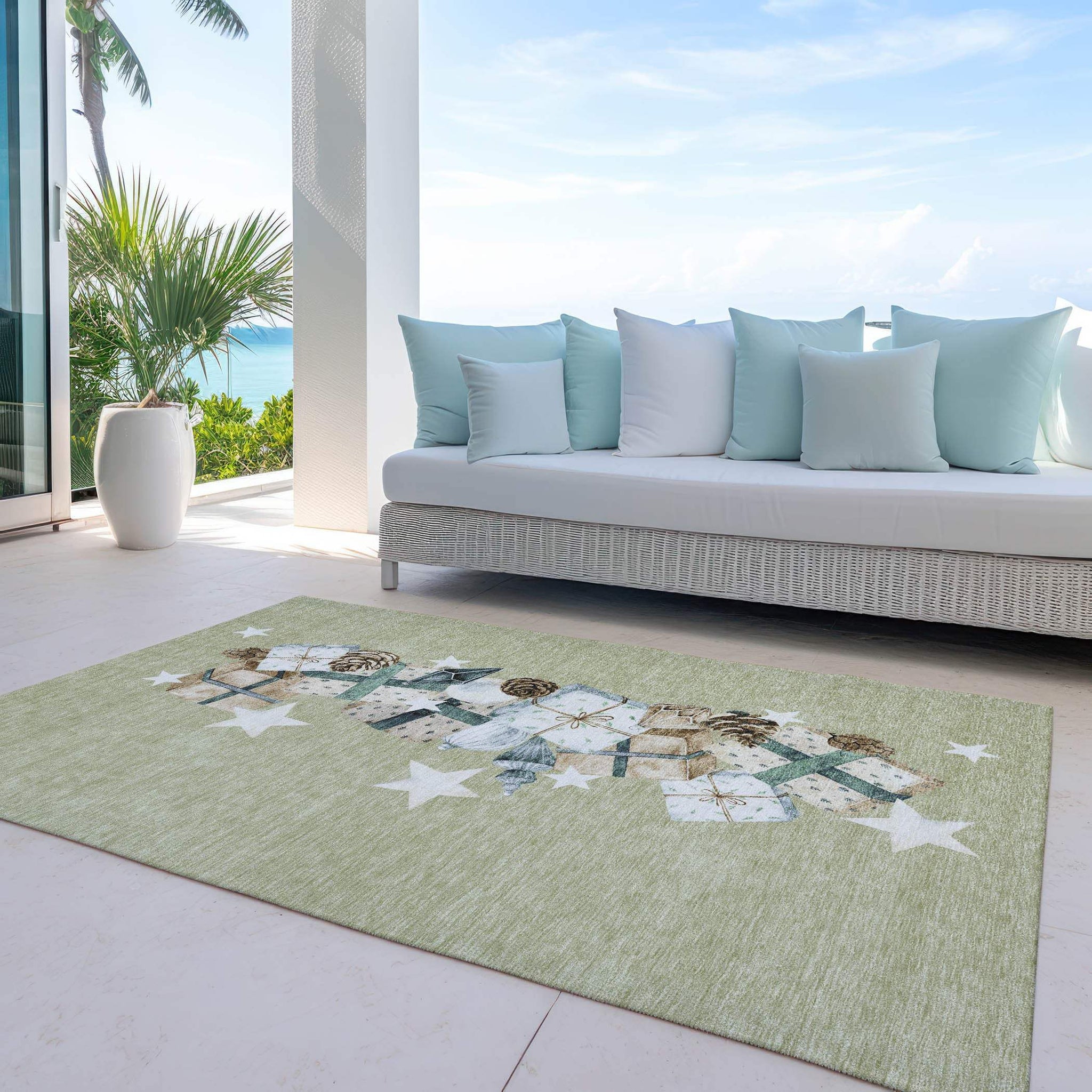 9' X 12' Artichoke Green Beige Ivory And Taupe Presents Washable Indoor Outdoor Area Rug - Homeroots - Flyclothing LLC