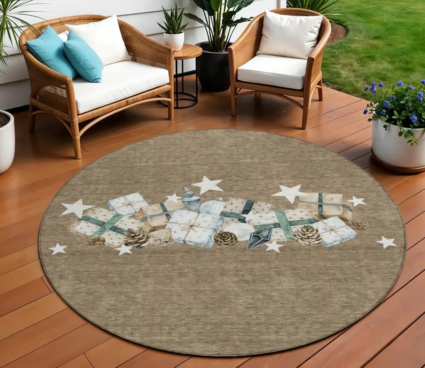 8' Brown Beige Ivory And Taupe Round Presents Washable Indoor Outdoor Area Rug - Homeroots - Flyclothing LLC