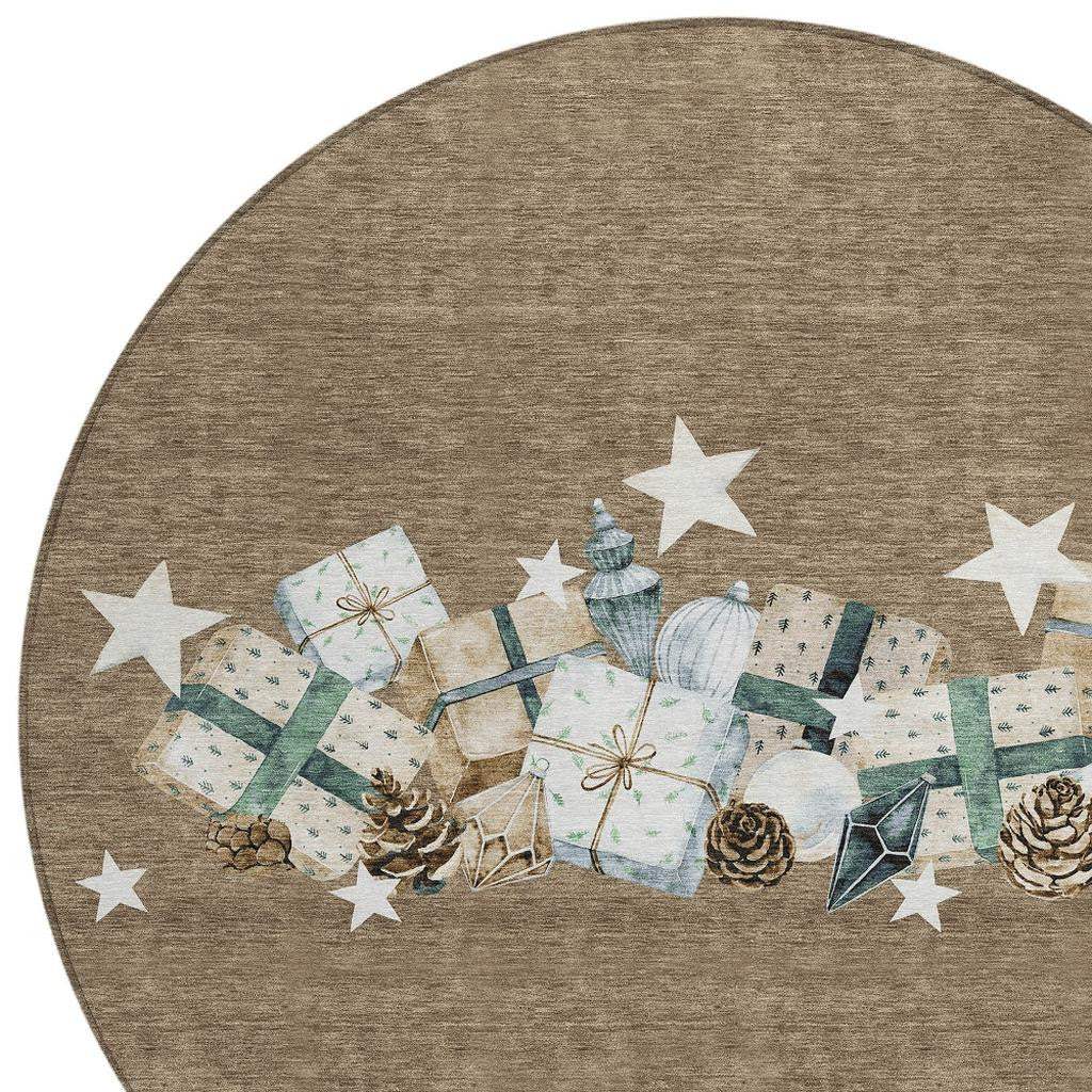 8' Brown Beige Ivory And Taupe Round Presents Washable Indoor Outdoor Area Rug - Homeroots - Flyclothing LLC