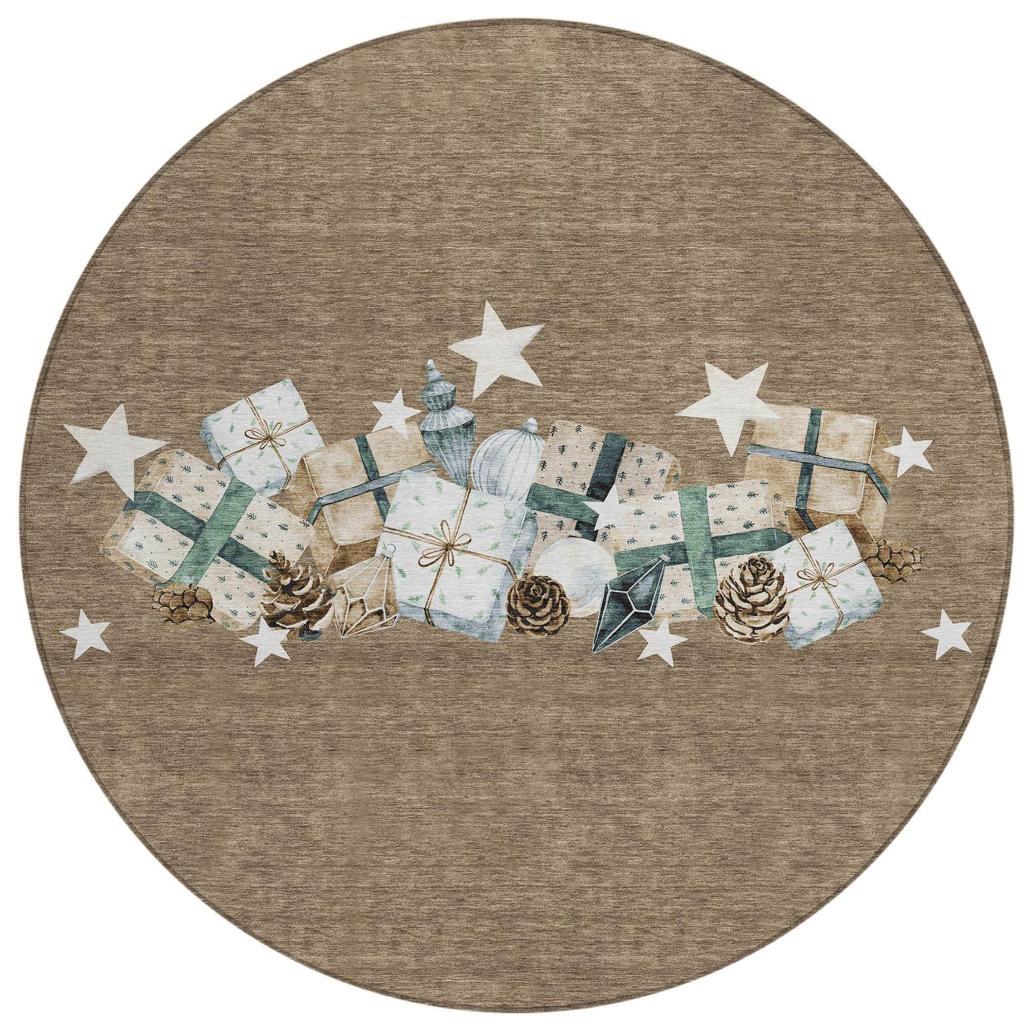 8' Brown Beige Ivory And Taupe Round Presents Washable Indoor Outdoor Area Rug - Homeroots - Flyclothing LLC