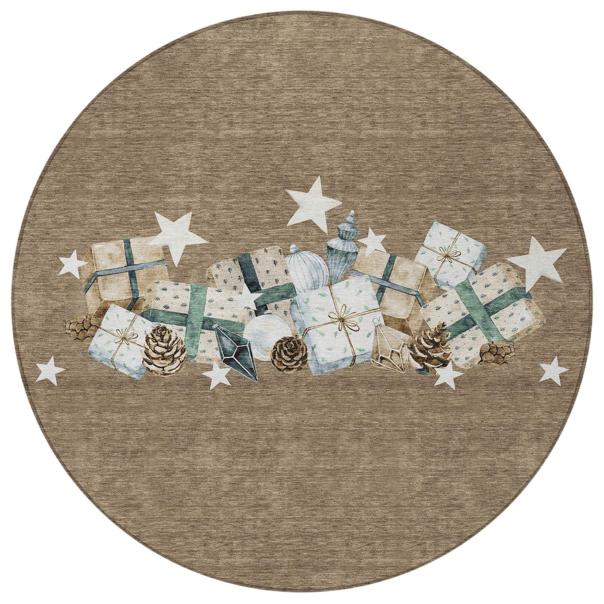 8' Brown Beige Ivory And Taupe Round Presents Washable Indoor Outdoor Area Rug - Homeroots - Flyclothing LLC
