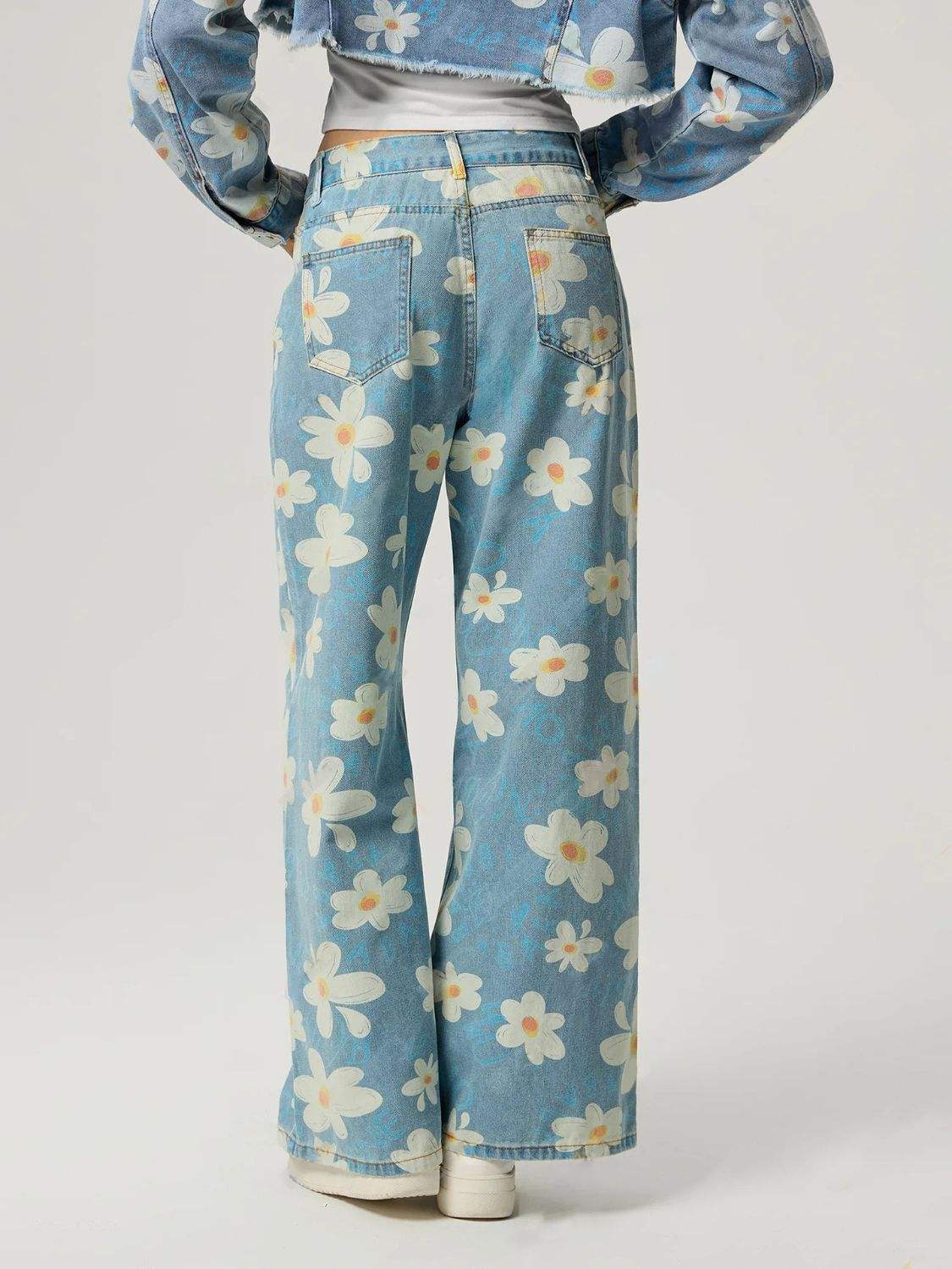 Pocketed Floral Wide Leg Jeans - Trendsi - Flyclothing LLC