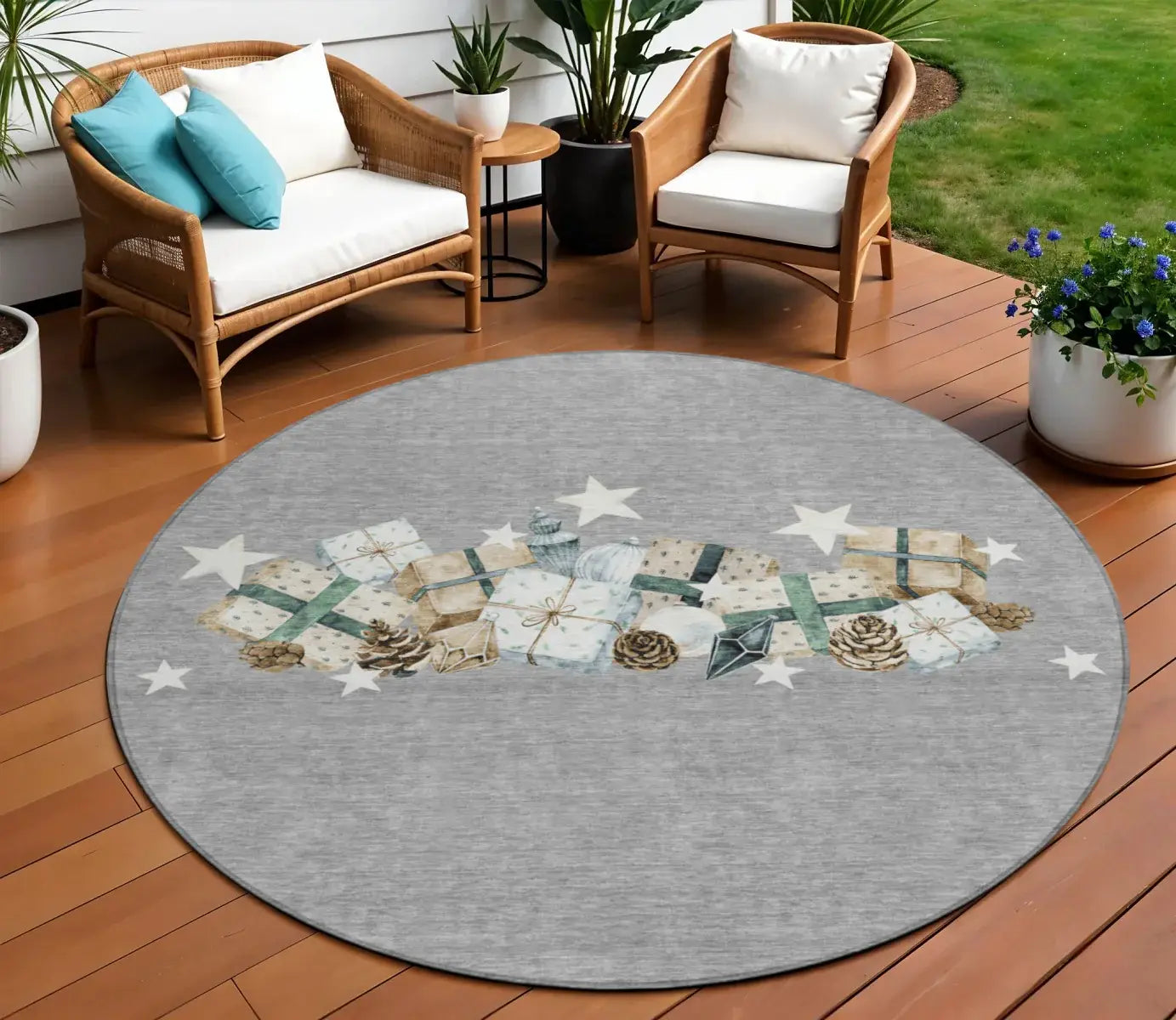8' Gray Beige Ivory And Taupe Round Presents Washable Indoor Outdoor Area Rug - Homeroots - Flyclothing LLC