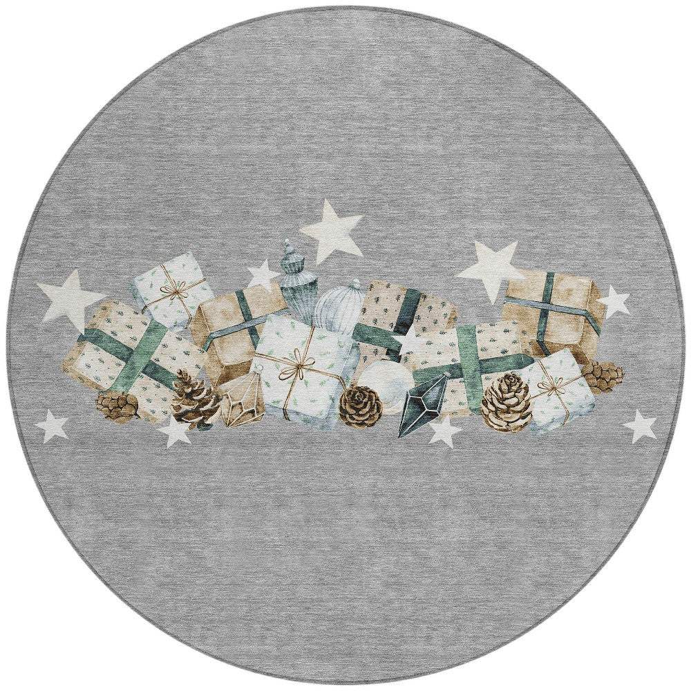 8' Gray Beige Ivory And Taupe Round Presents Washable Indoor Outdoor Area Rug - Homeroots - Flyclothing LLC