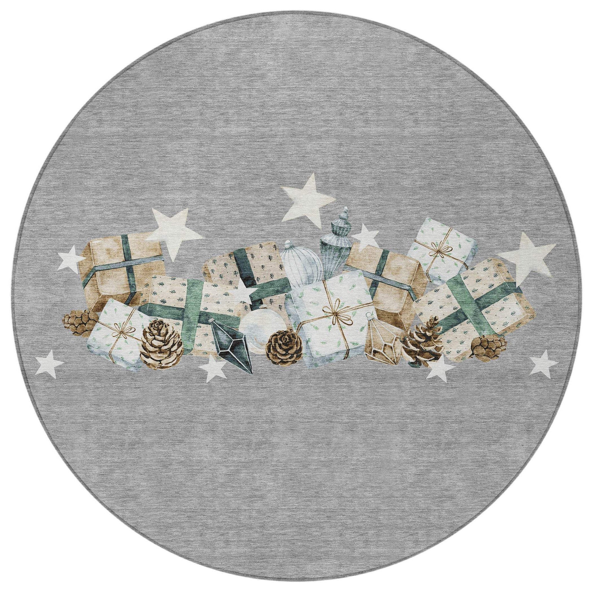 8' Gray Beige Ivory And Taupe Round Presents Washable Indoor Outdoor Area Rug - Homeroots - Flyclothing LLC