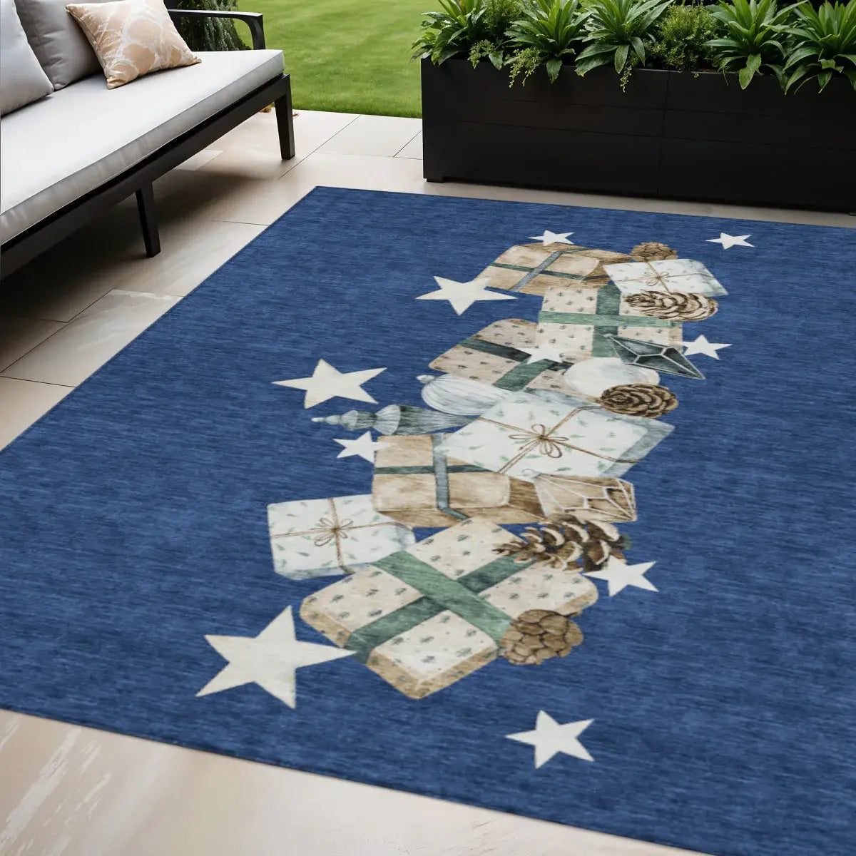 5' X 8' Navy Blue Beige Ivory And Taupe Presents Washable Indoor Outdoor Area Rug - Homeroots - Flyclothing LLC