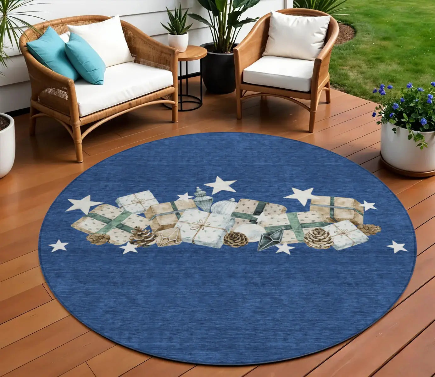 8' Navy Blue Beige Ivory And Taupe Round Presents Washable Indoor Outdoor Area Rug - Homeroots - Flyclothing LLC