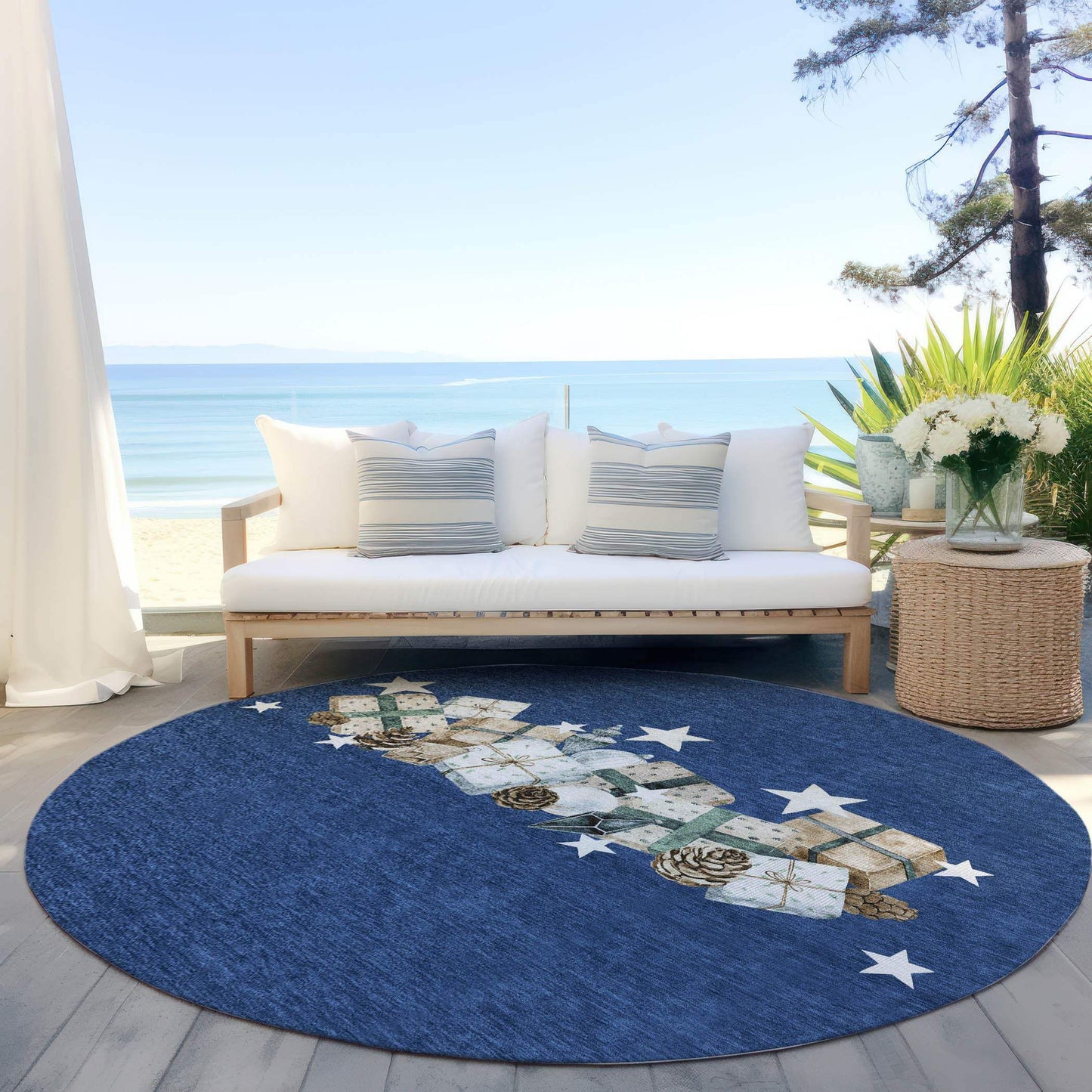 8' Navy Blue Beige Ivory And Taupe Round Presents Washable Indoor Outdoor Area Rug - Homeroots - Flyclothing LLC