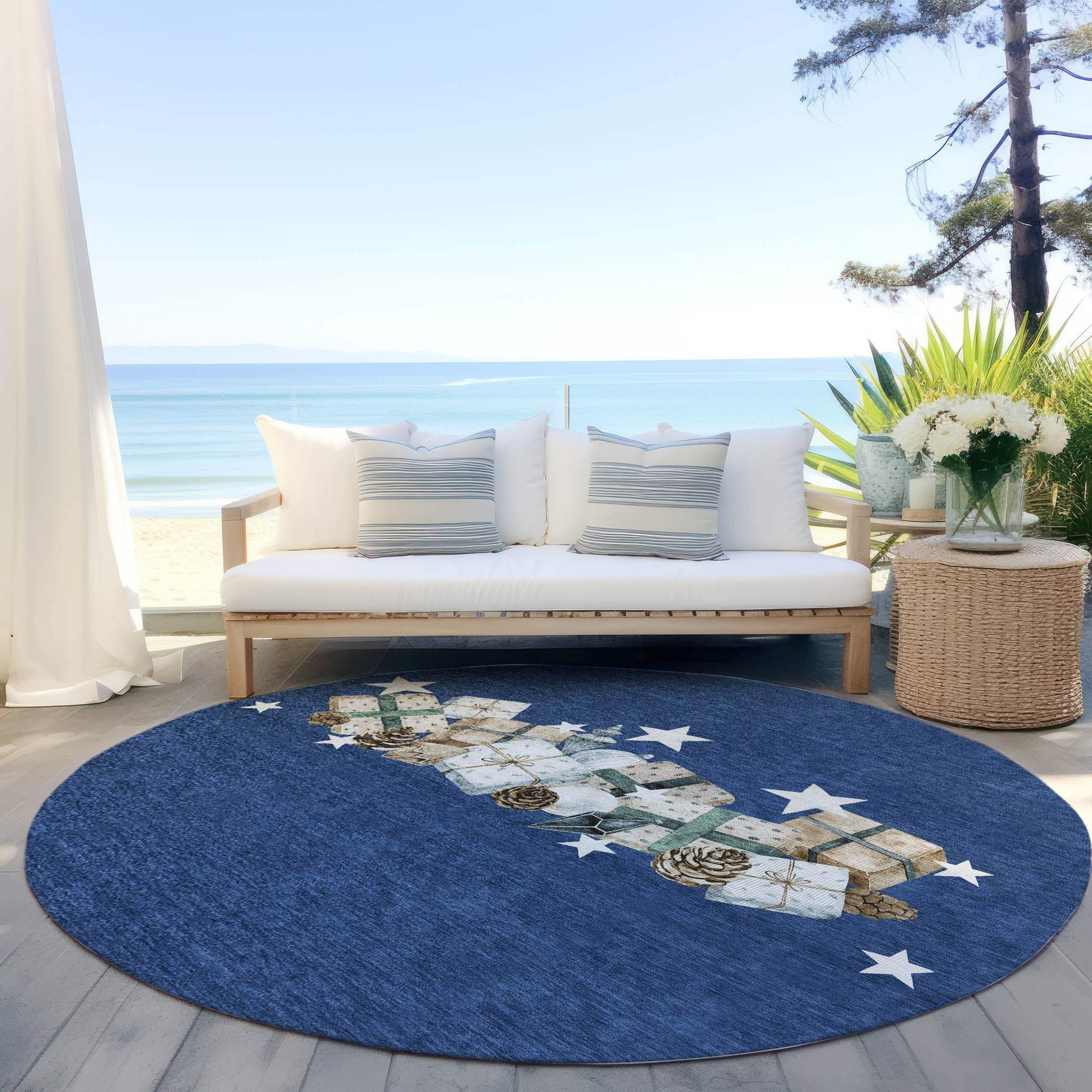8' Navy Blue Beige Ivory And Taupe Round Presents Washable Indoor Outdoor Area Rug - Homeroots - Flyclothing LLC