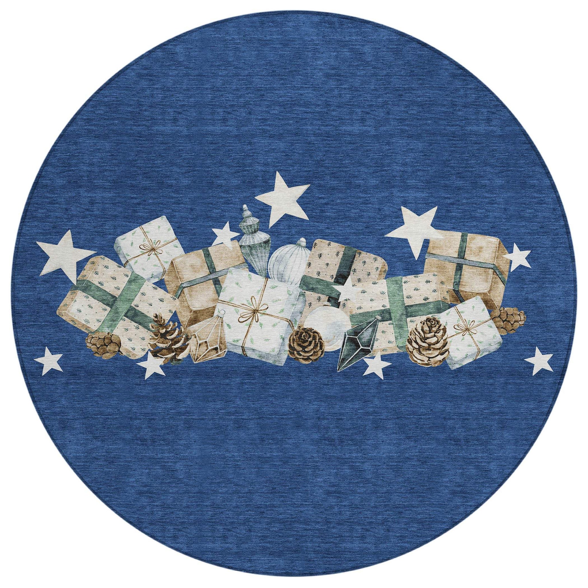 8' Navy Blue Beige Ivory And Taupe Round Presents Washable Indoor Outdoor Area Rug - Homeroots - Flyclothing LLC