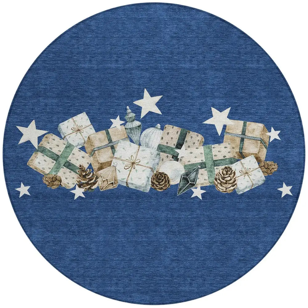 8' Navy Blue Beige Ivory And Taupe Round Presents Washable Indoor Outdoor Area Rug - Homeroots - Flyclothing LLC