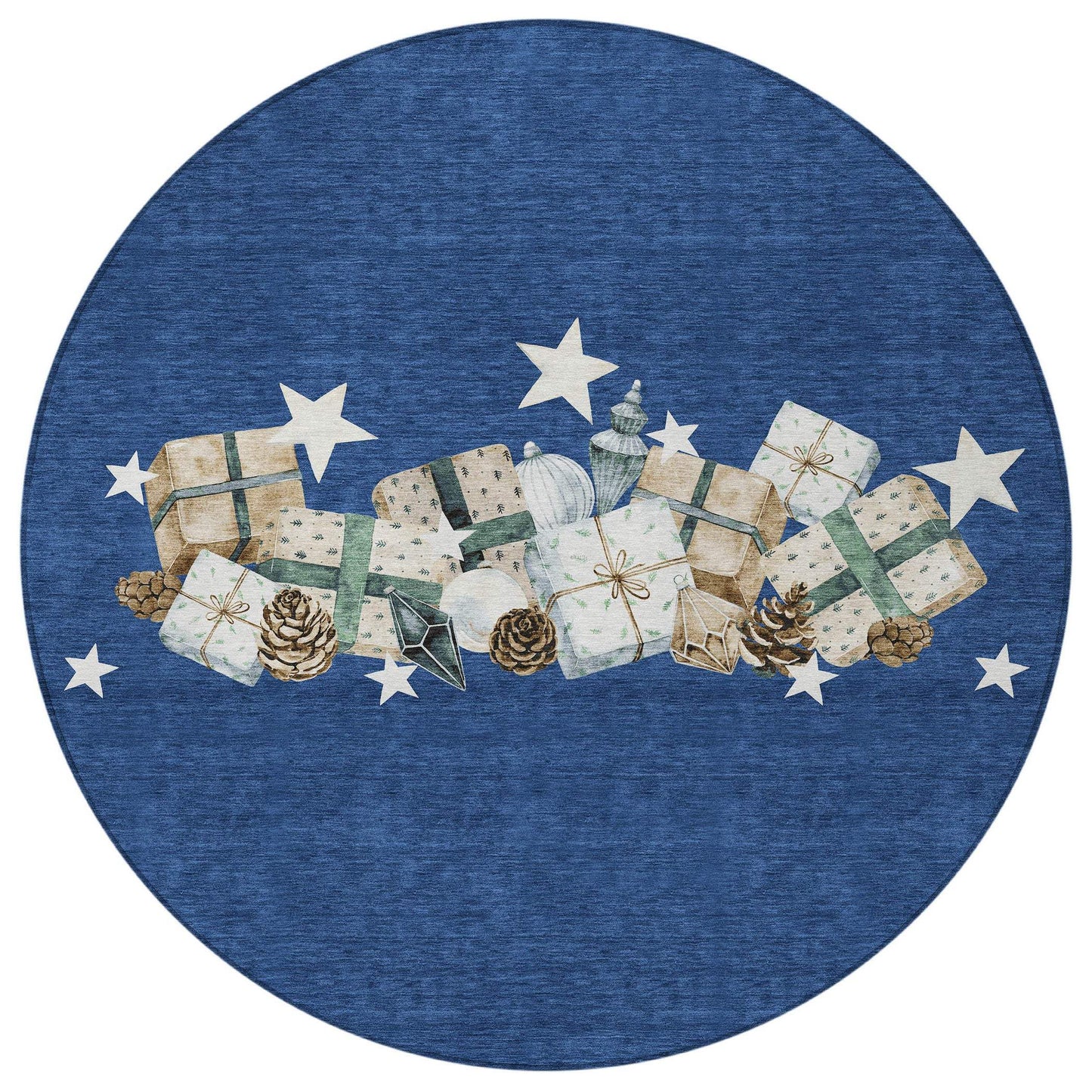 8' Navy Blue Beige Ivory And Taupe Round Presents Washable Indoor Outdoor Area Rug - Homeroots - Flyclothing LLC