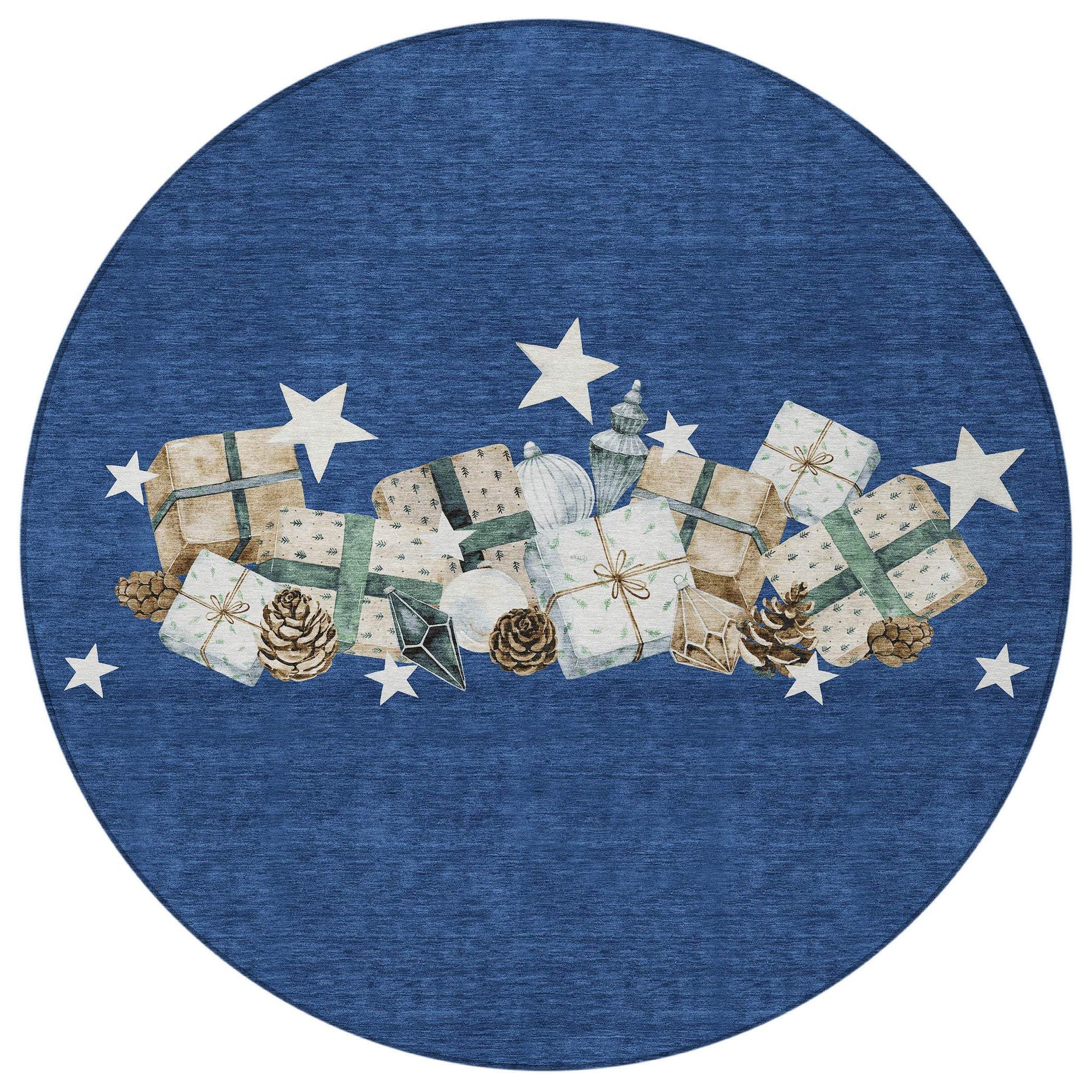 8' Navy Blue Beige Ivory And Taupe Round Presents Washable Indoor Outdoor Area Rug - Homeroots - Flyclothing LLC