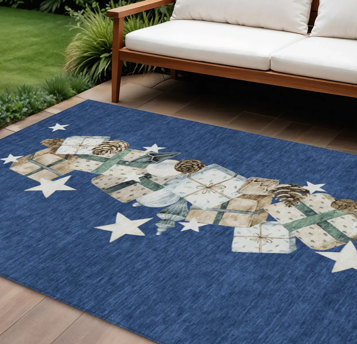 9' X 12' Navy Blue Beige Ivory And Taupe Presents Washable Indoor Outdoor Area Rug - Homeroots - Flyclothing LLC