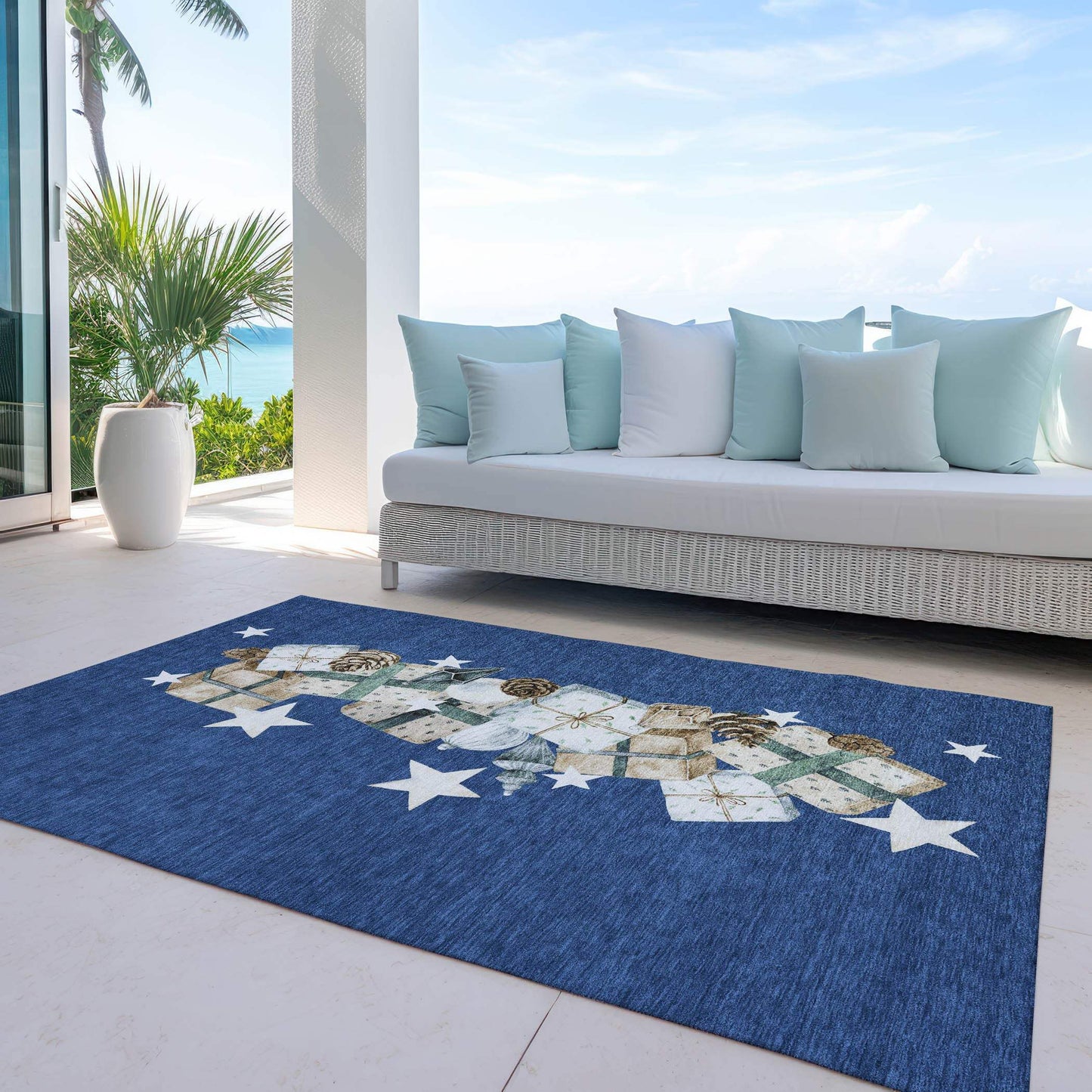 9' X 12' Navy Blue Beige Ivory And Taupe Presents Washable Indoor Outdoor Area Rug - Homeroots - Flyclothing LLC