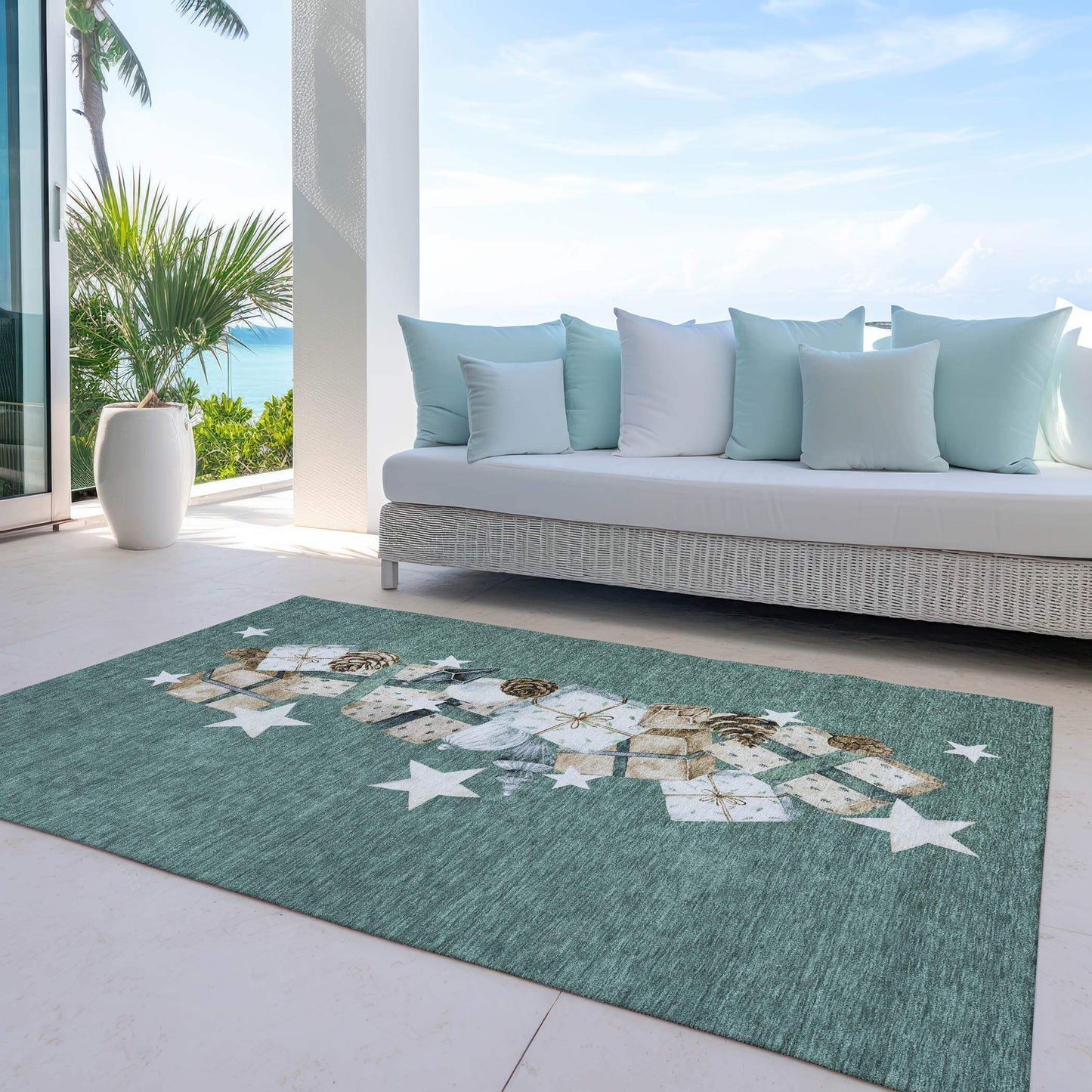 3' X 5' Pale Aqua Beige Ivory And Taupe Presents Washable Indoor Outdoor Area Rug - Homeroots - Flyclothing LLC