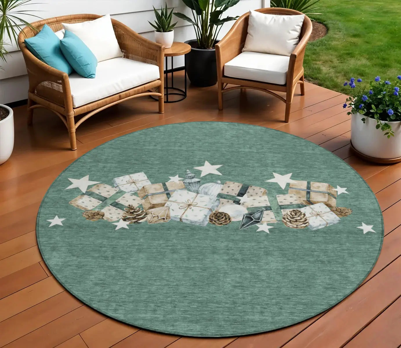 8' Pale Aqua Beige Ivory And Taupe Round Presents Washable Indoor Outdoor Area Rug - Homeroots - Flyclothing LLC