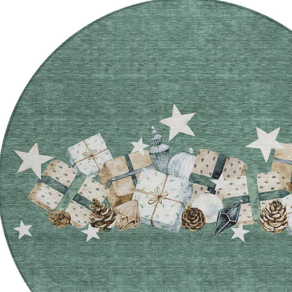 8' Pale Aqua Beige Ivory And Taupe Round Presents Washable Indoor Outdoor Area Rug - Homeroots - Flyclothing LLC