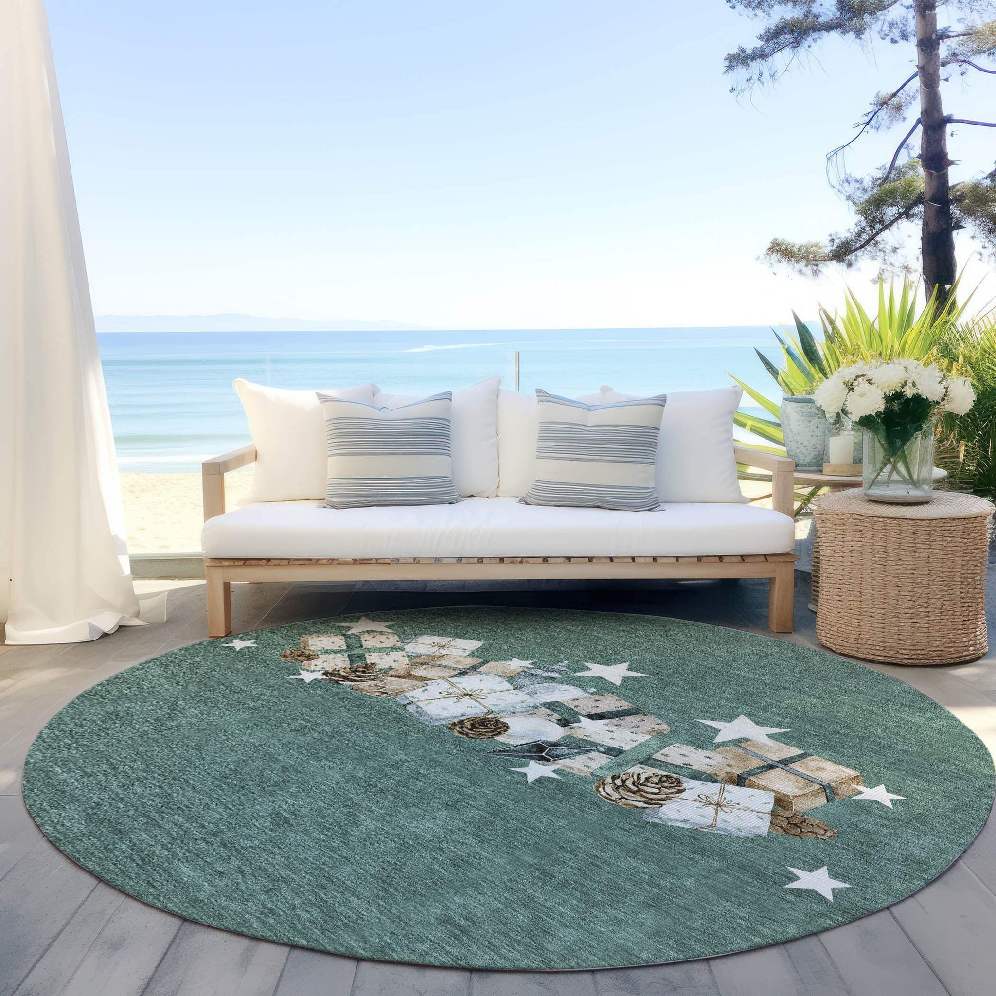 8' Pale Aqua Beige Ivory And Taupe Round Presents Washable Indoor Outdoor Area Rug - Homeroots - Flyclothing LLC