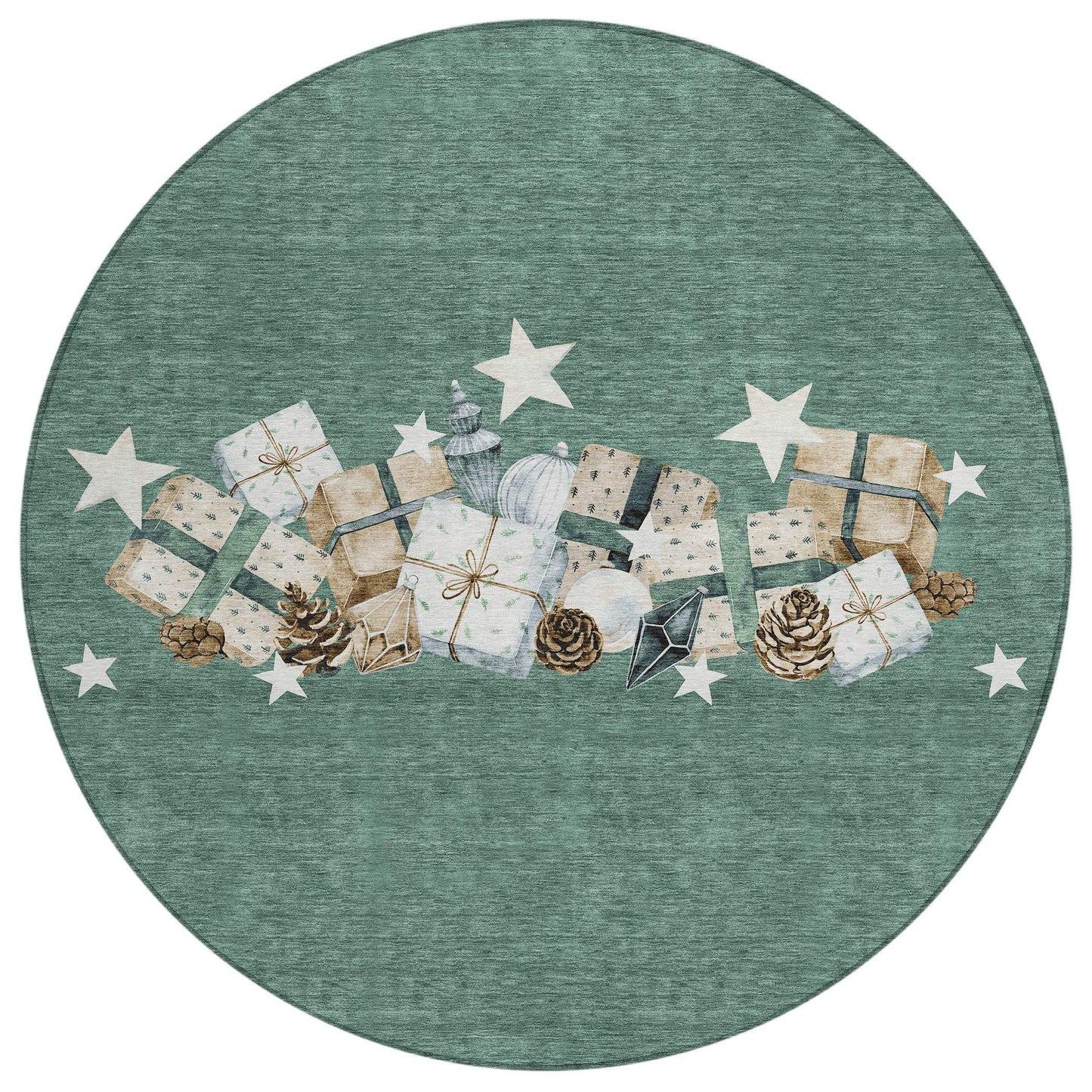 8' Pale Aqua Beige Ivory And Taupe Round Presents Washable Indoor Outdoor Area Rug - Homeroots - Flyclothing LLC