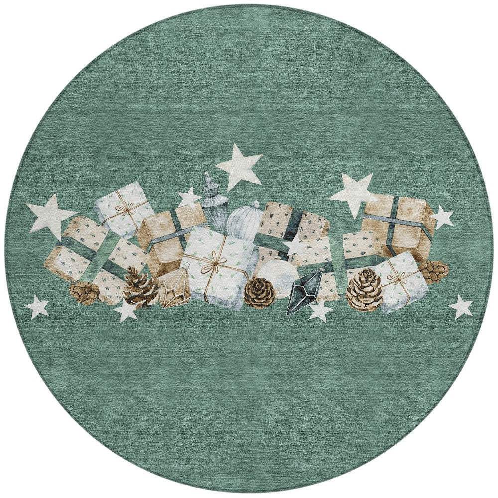 8' Pale Aqua Beige Ivory And Taupe Round Presents Washable Indoor Outdoor Area Rug - Homeroots - Flyclothing LLC