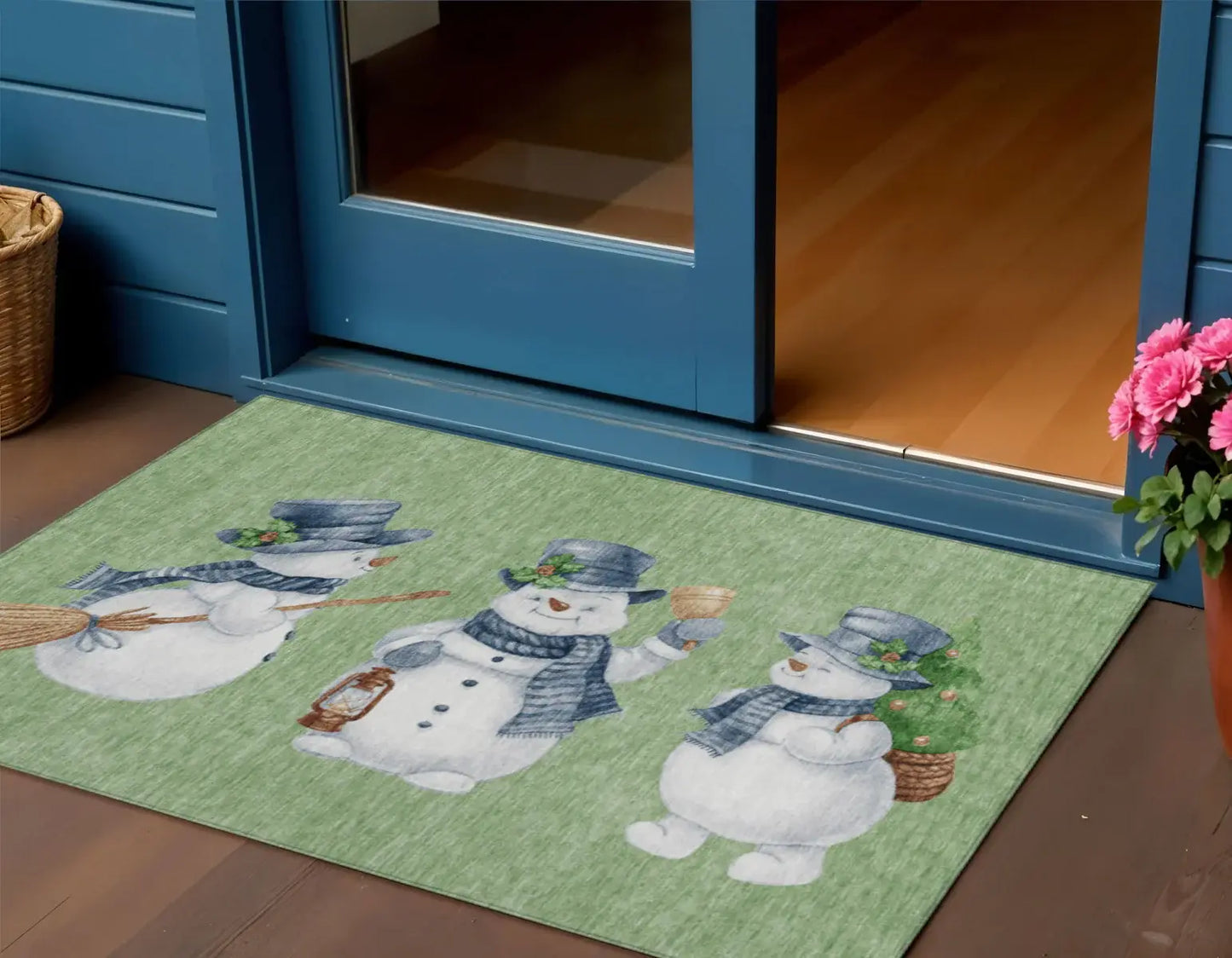 3' X 5' Artichoke Green Denim Blue And Ivory Snowmen Washable Indoor Outdoor Area Rug - Homeroots - Flyclothing LLC