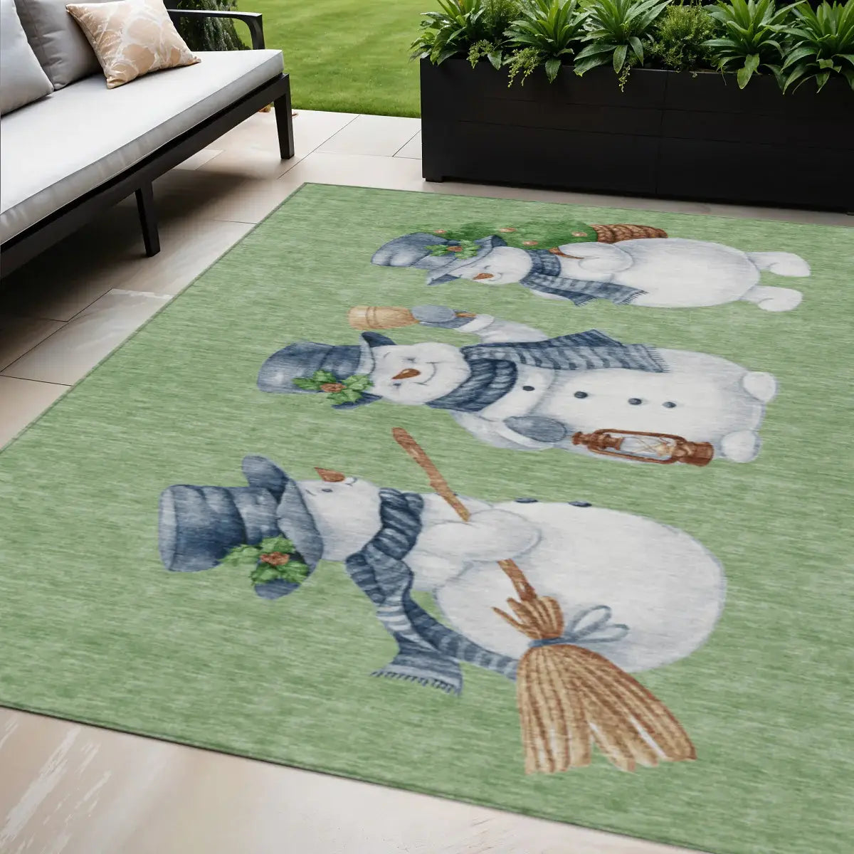 5' X 8' Artichoke Green Denim Blue And Ivory Snowmen Washable Indoor Outdoor Area Rug - Homeroots - Flyclothing LLC