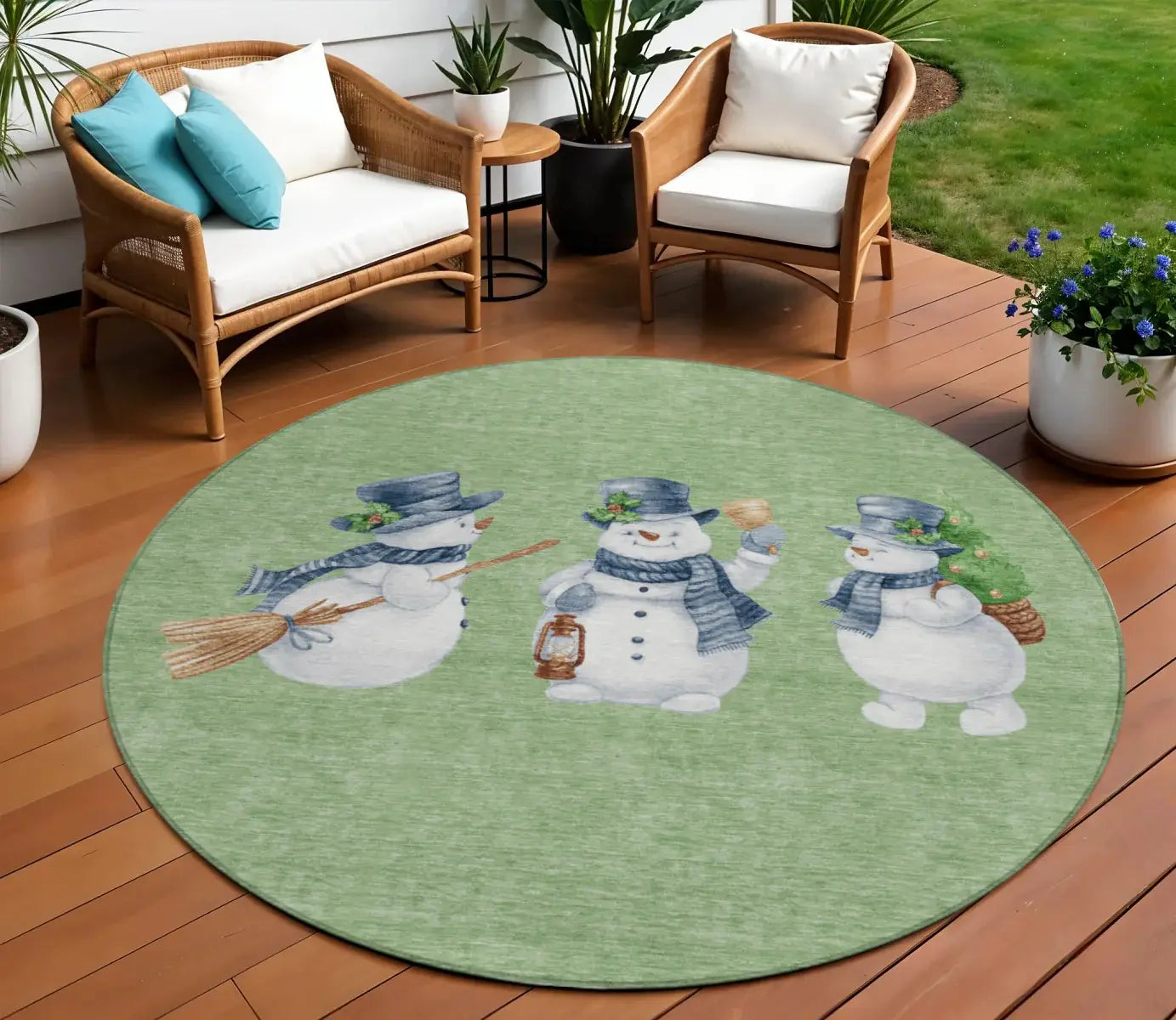 8' Artichoke Green Denim Blue And Ivory Round Snowmen Washable Indoor Outdoor Area Rug - Homeroots - Flyclothing LLC