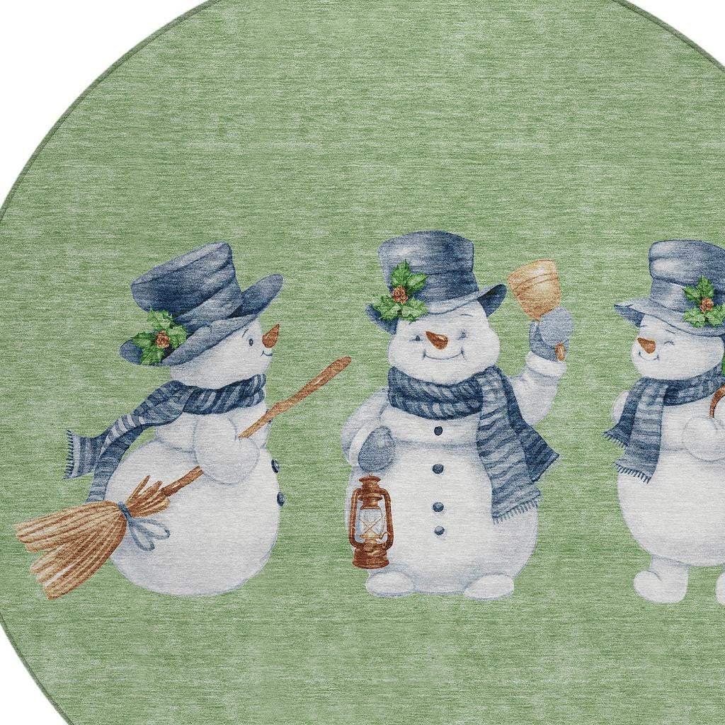 8' Artichoke Green Denim Blue And Ivory Round Snowmen Washable Indoor Outdoor Area Rug - Homeroots - Flyclothing LLC