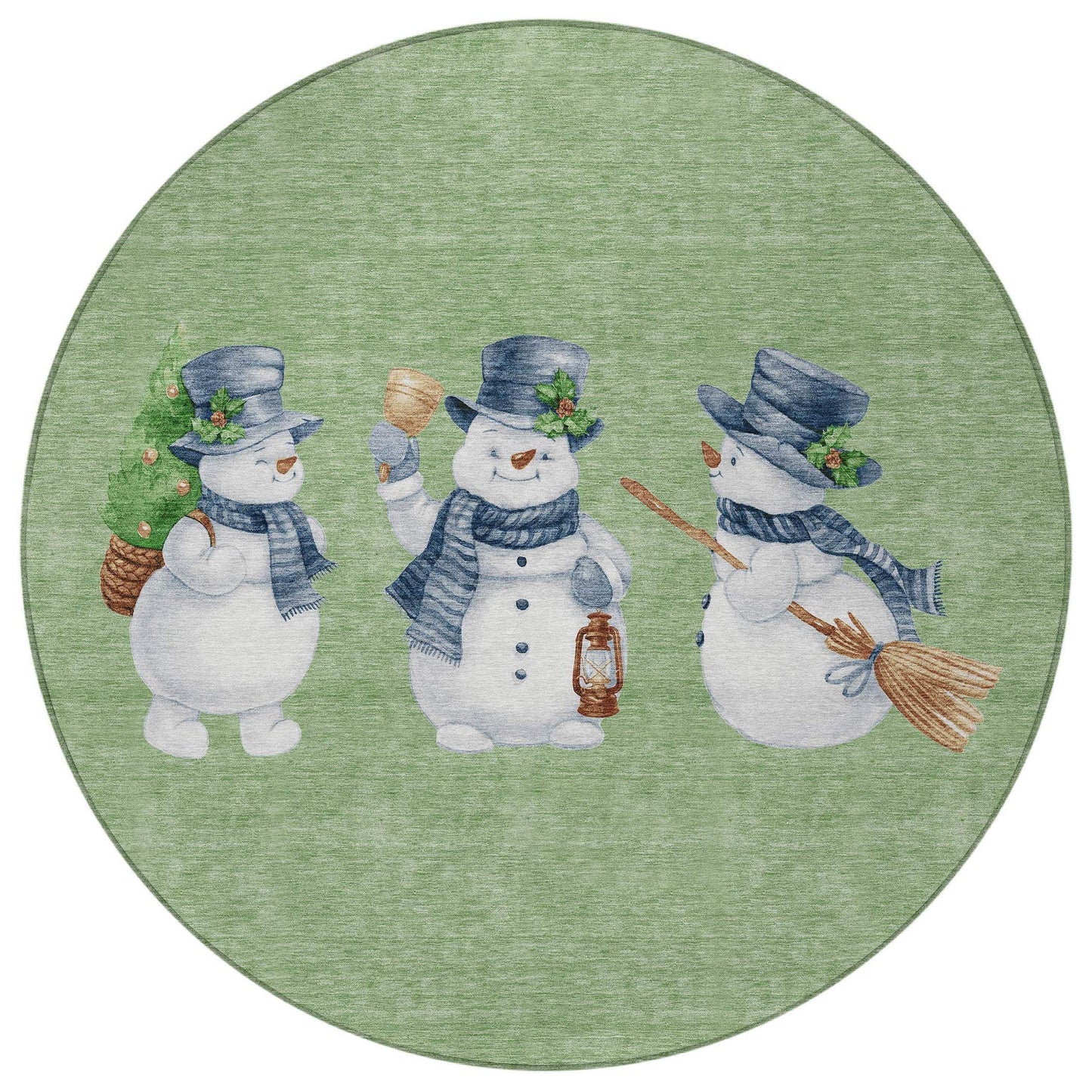 8' Artichoke Green Denim Blue And Ivory Round Snowmen Washable Indoor Outdoor Area Rug - Homeroots - Flyclothing LLC