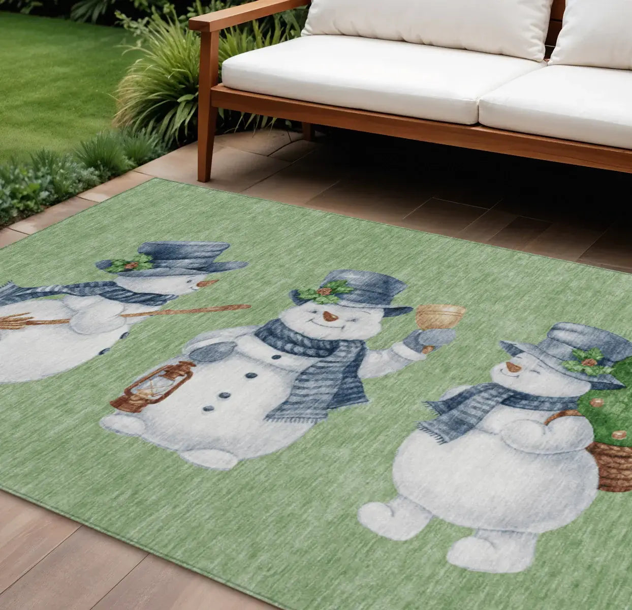 8' X 10' Artichoke Green Denim Blue And Ivory Snowmen Washable Indoor Outdoor Area Rug - Homeroots - Flyclothing LLC