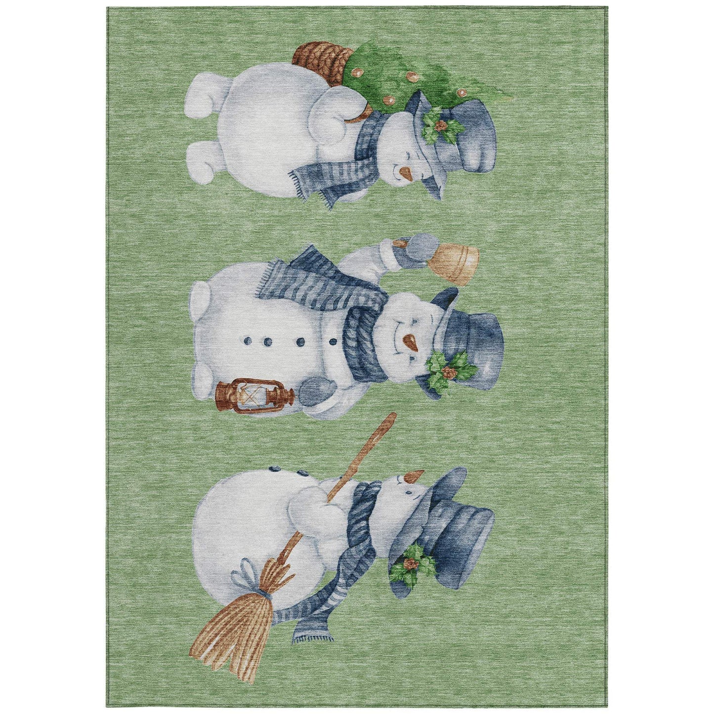 8' X 10' Artichoke Green Denim Blue And Ivory Snowmen Washable Indoor Outdoor Area Rug - Homeroots - Flyclothing LLC