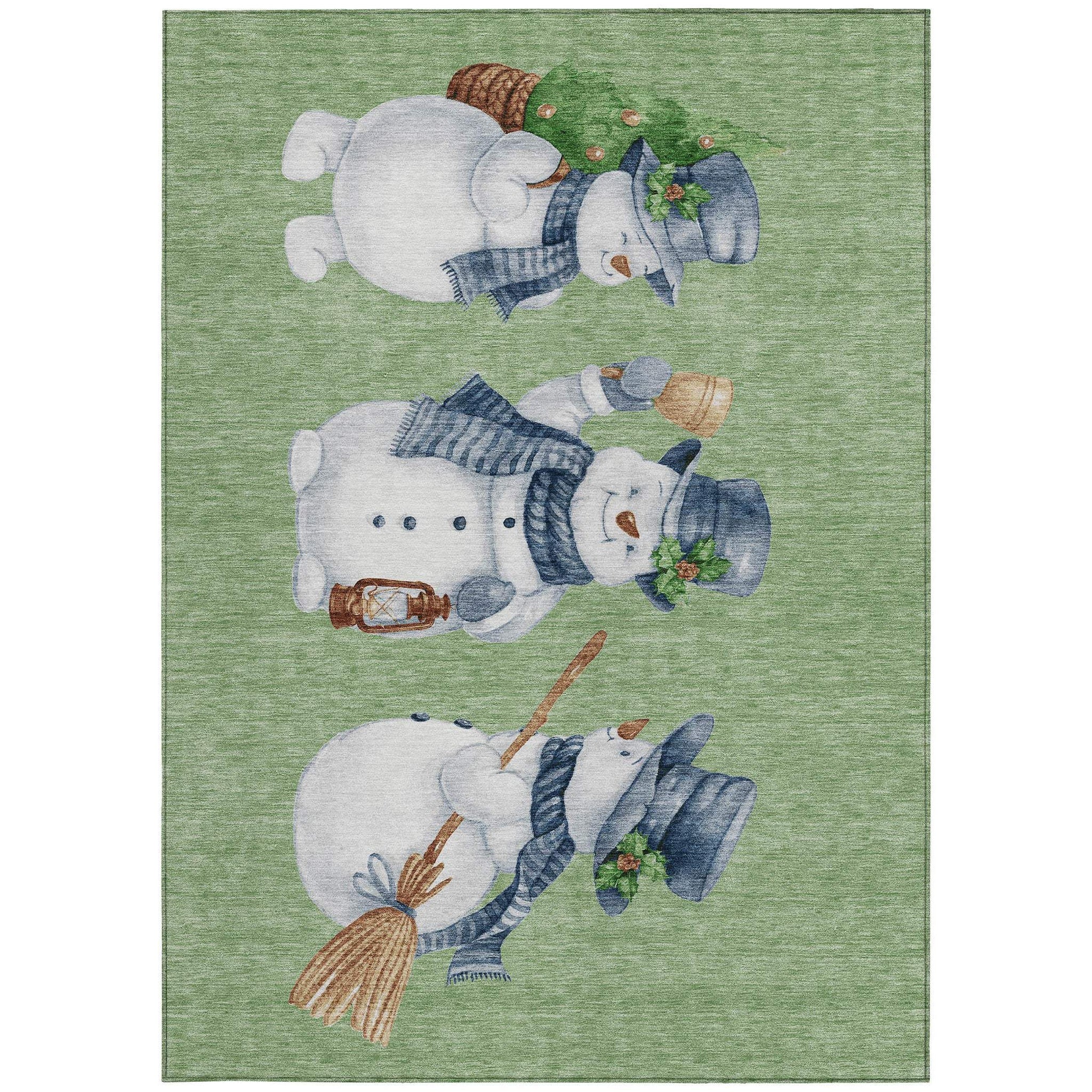 8' X 10' Artichoke Green Denim Blue And Ivory Snowmen Washable Indoor Outdoor Area Rug - Homeroots - Flyclothing LLC