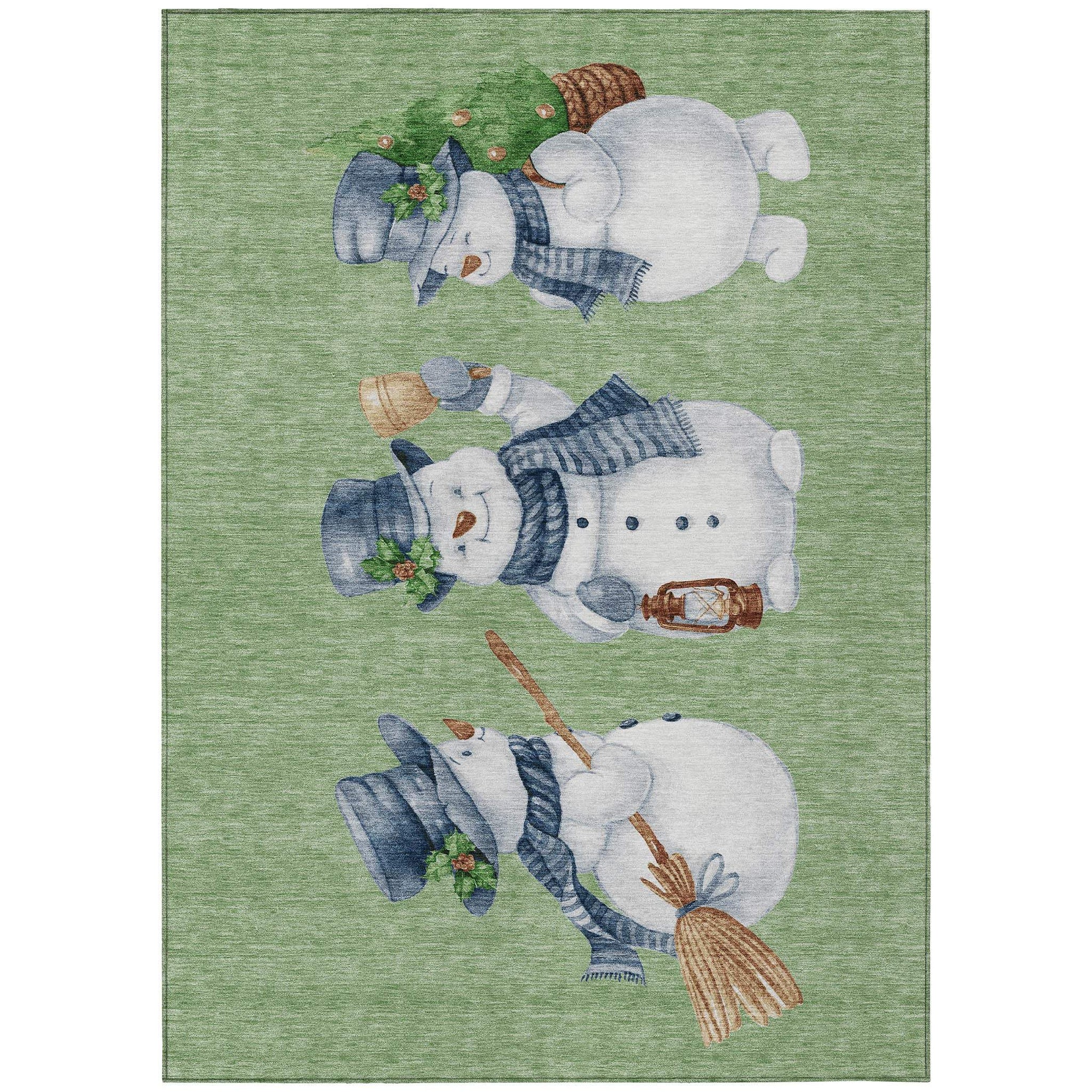 8' X 10' Artichoke Green Denim Blue And Ivory Snowmen Washable Indoor Outdoor Area Rug - Homeroots - Flyclothing LLC